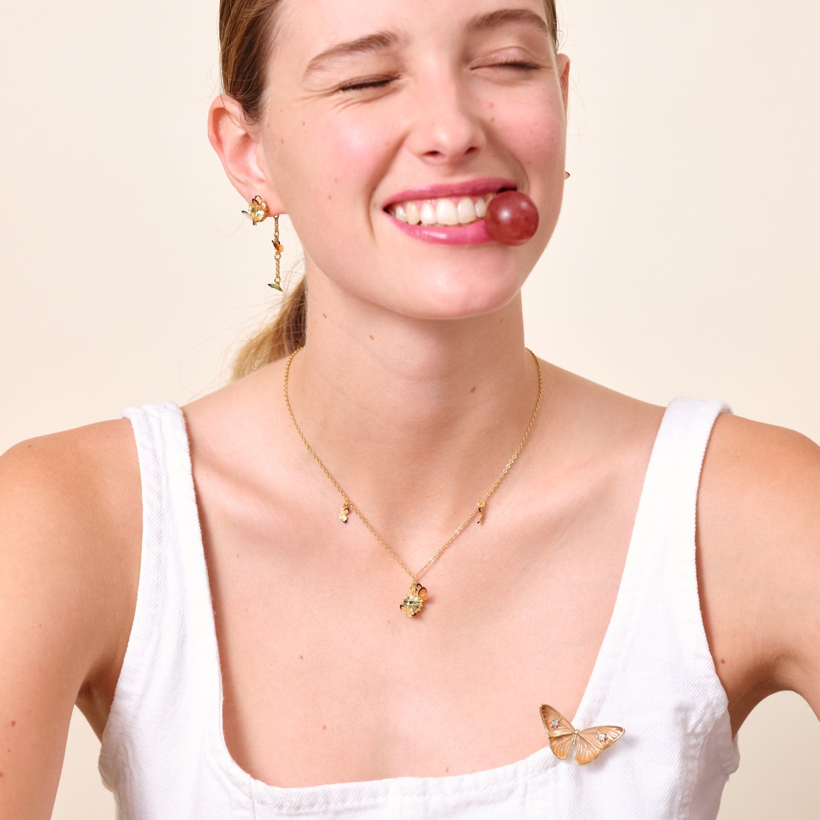 Enamelled Butterfly And Round Stone Pendant Necklace | ATLA3031 - Les Nereides