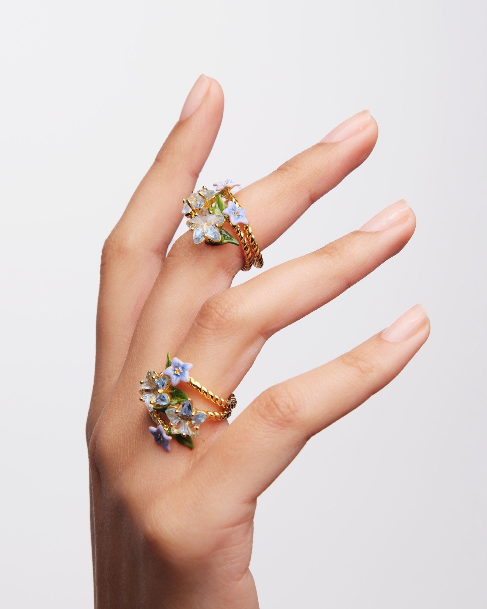 Faceted Star And Blue Jasmine Flower Adjustable You And Me Ring | AUTR6021 - Les Nereides