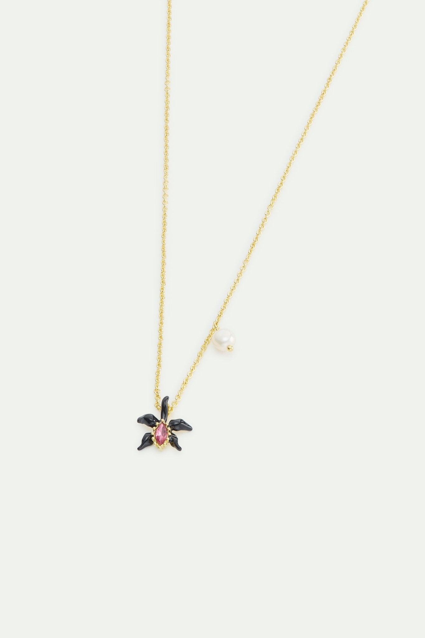 Fine Black Orchid Necklace With Pink Faceted Crystal And Cultured Pearl | AWCC3021 - Les Nereides