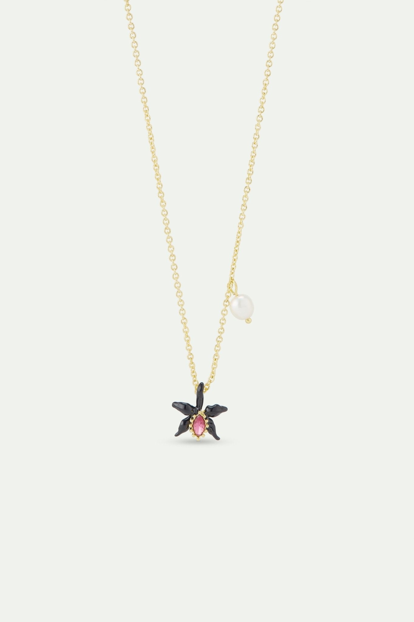 Fine Black Orchid Necklace With Pink Faceted Crystal And Cultured Pearl | AWCC3021 - Les Nereides