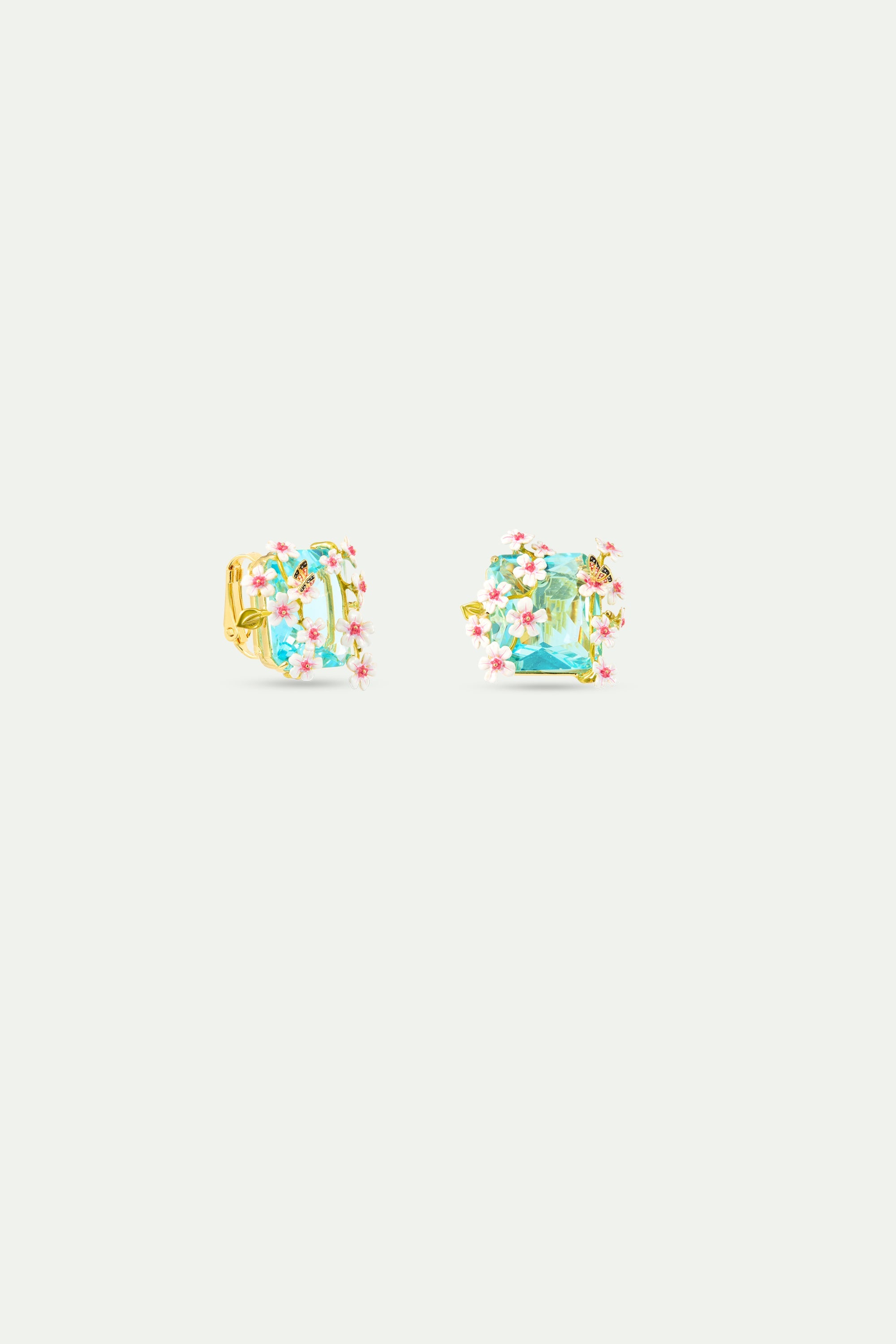 Square Blue Faceted Stone Earrings With White And Pink Hawthorn And A Butterfly | AYDF1041