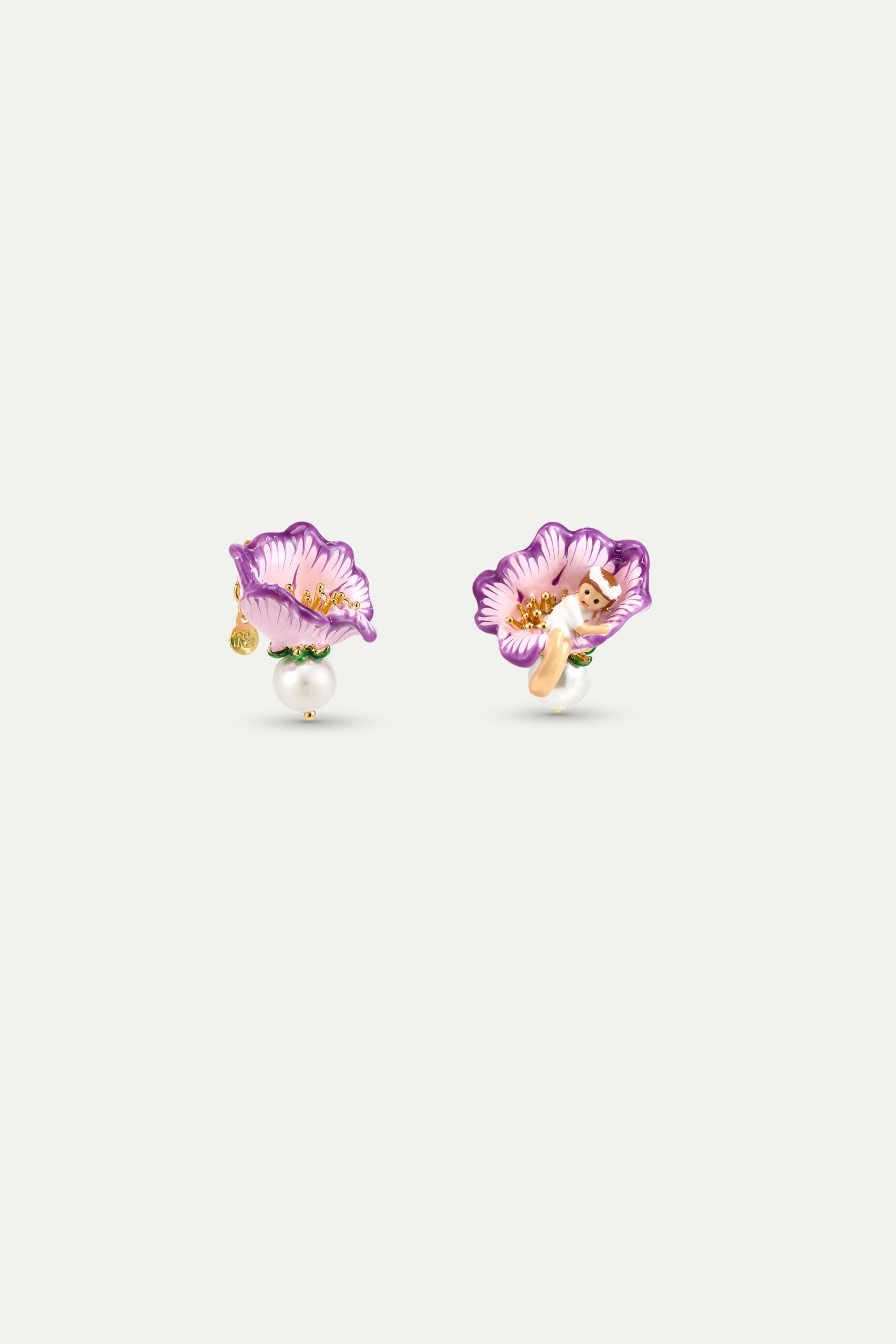 Asymmetrical Mauve Flower Earrings, Thumbelina And Imitation Pearl | AYCN1041