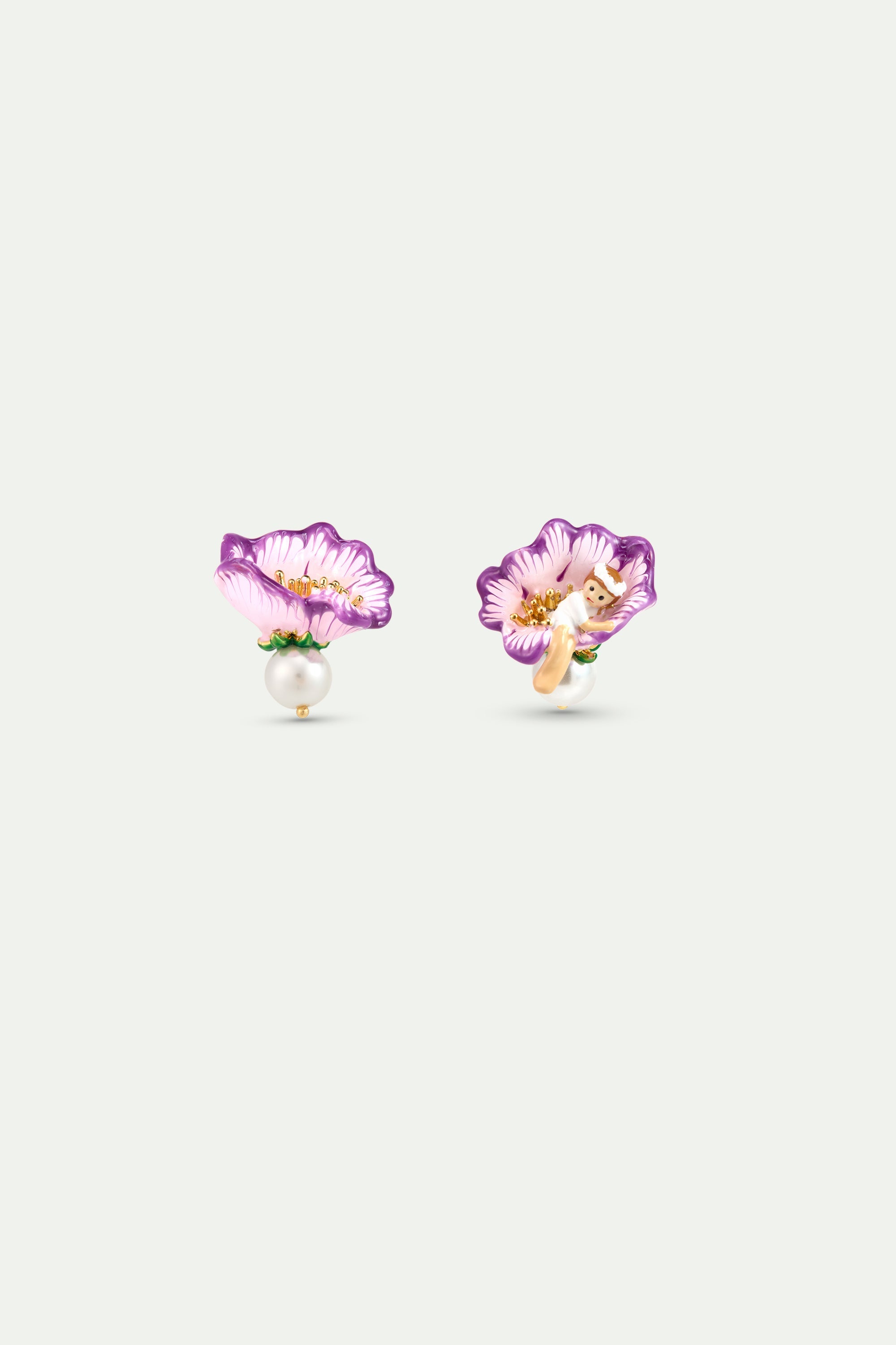 Asymmetrical Mauve Flower Earrings, Thumbelina And Imitation Pearl | AYCN1041