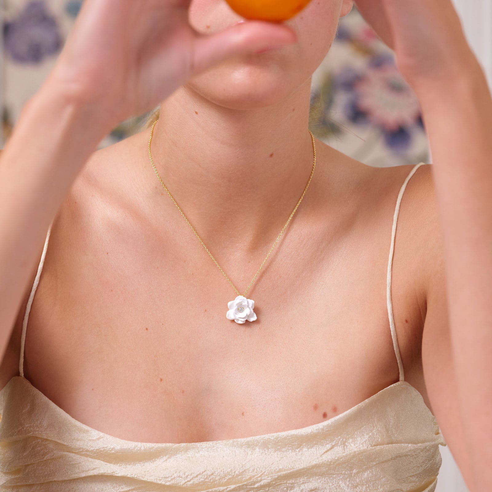 Gardenia And Cut Crystal Stone Fine Necklace | ATBP3051 - Les Nereides