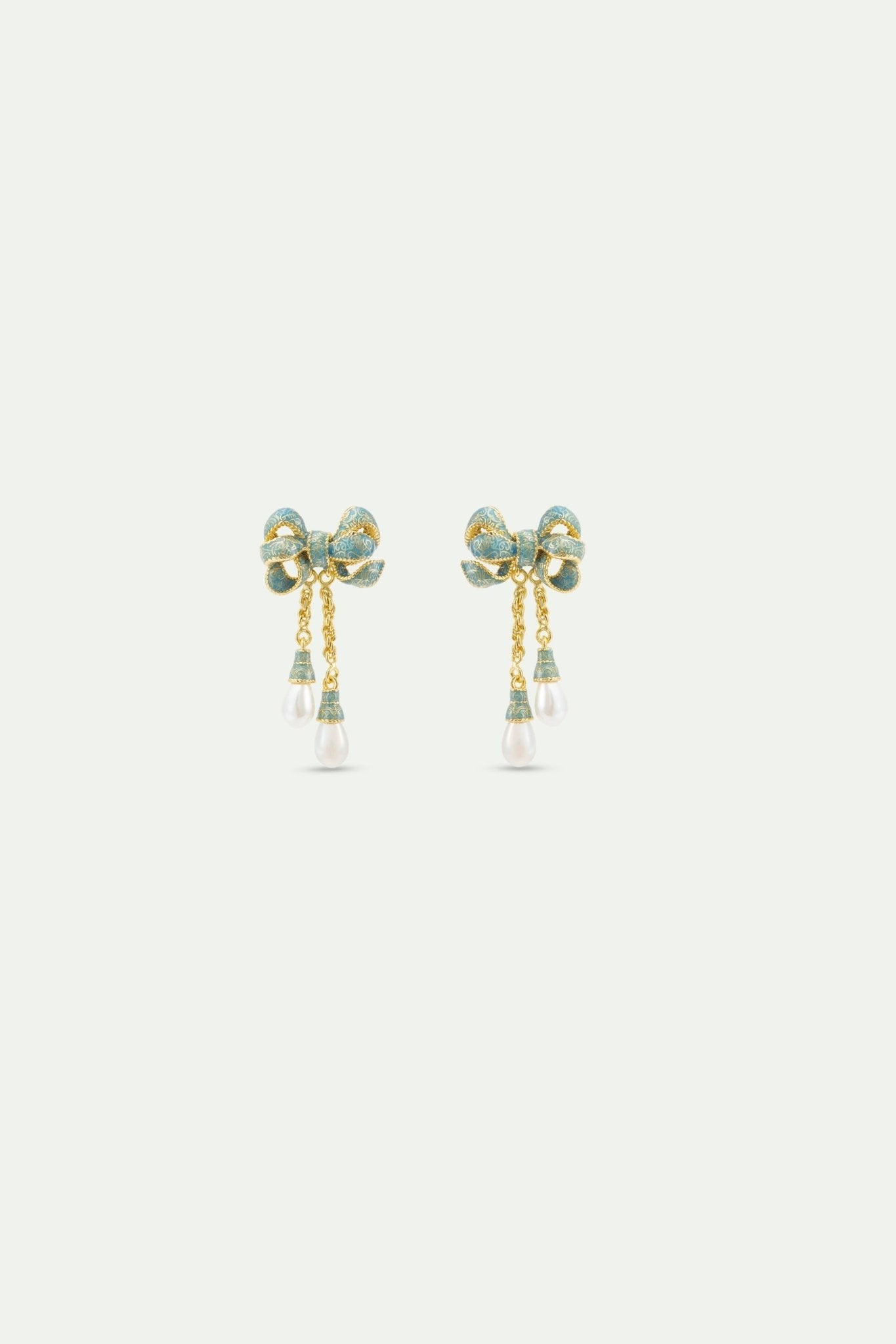 Gold And Blue Ribbon, And Cultured Pearl Dangle Earrings | AYOP1051 - Les Nereides