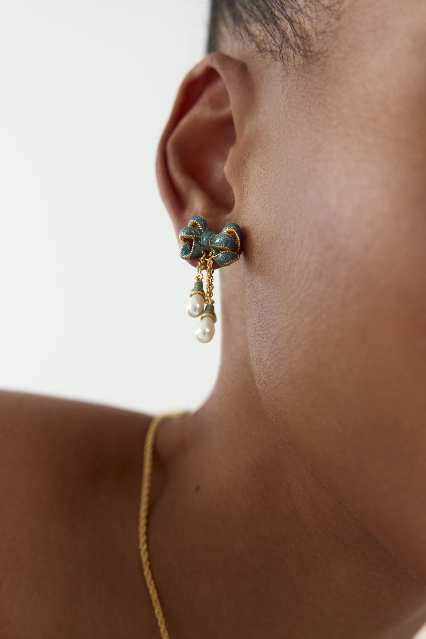 Gold And Blue Ribbon, And Cultured Pearl Dangle Earrings | AYOP1051 - Les Nereides