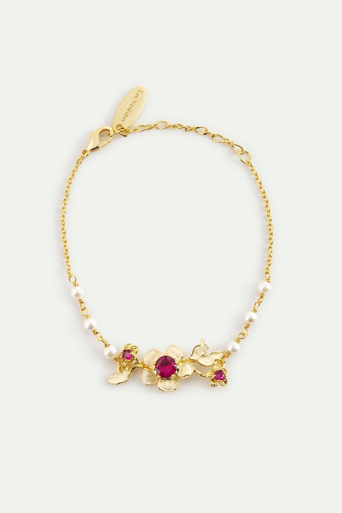 Gold Anemone Bracelet With Pink Crystals And Cultured Pearls | AYOP2011 - Les Nereides