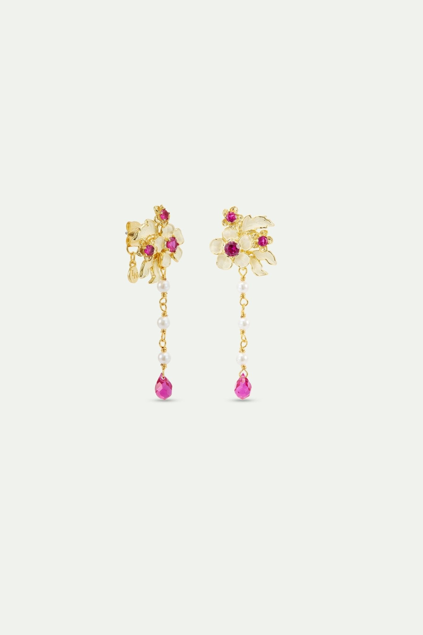 Gold Anemone Dangle Earrings With Pink Crystals And Cultured Pearls | AYOP1021 - Les Nereides