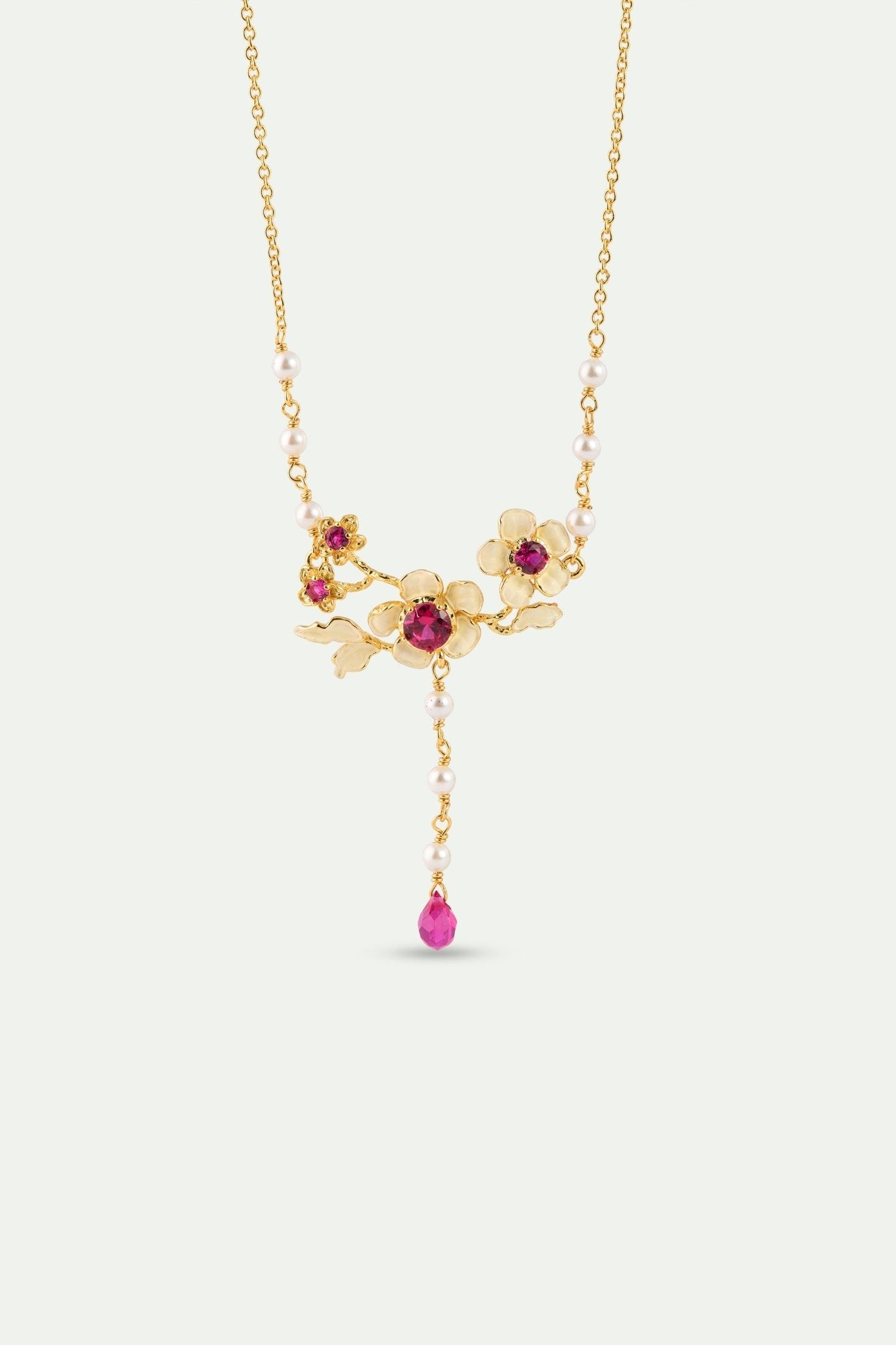 Gold Anemone Statement Necklace With Pink Stones And Cultured Pearls | AYOP3021 - Les Nereides