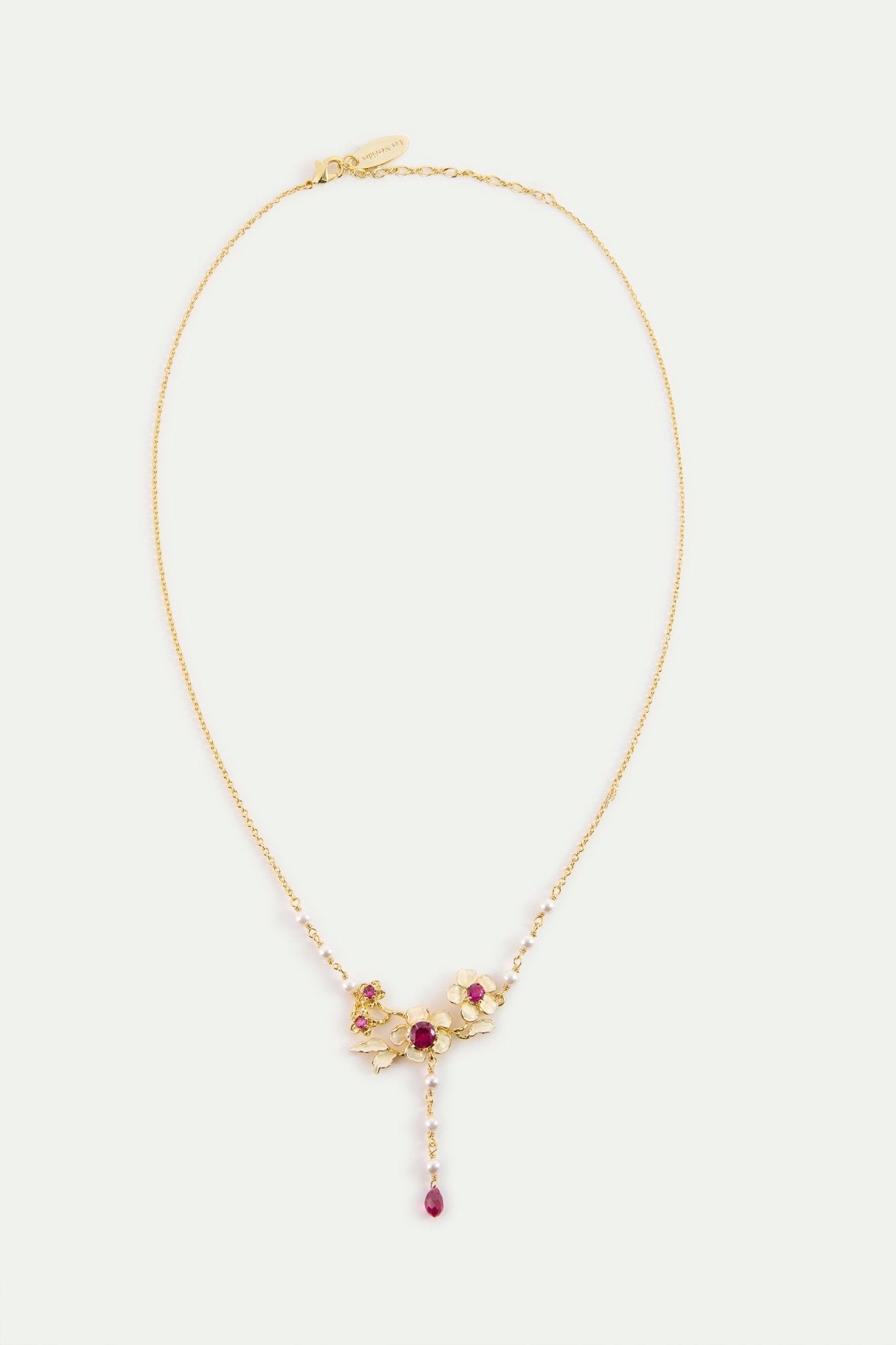 Gold Anemone Statement Necklace With Pink Stones And Cultured Pearls | AYOP3021 - Les Nereides