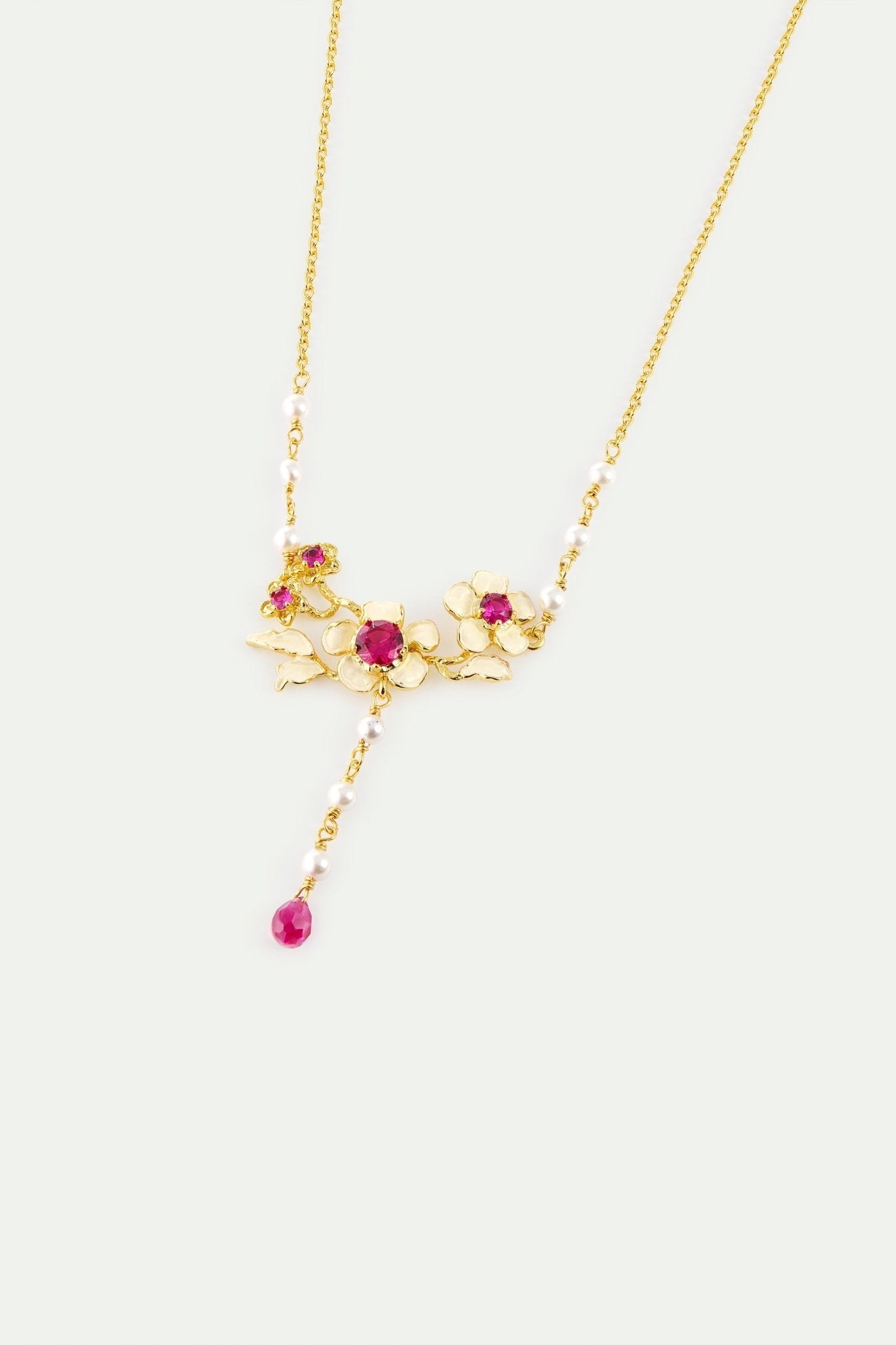 Gold Anemone Statement Necklace With Pink Stones And Cultured Pearls | AYOP3021 - Les Nereides