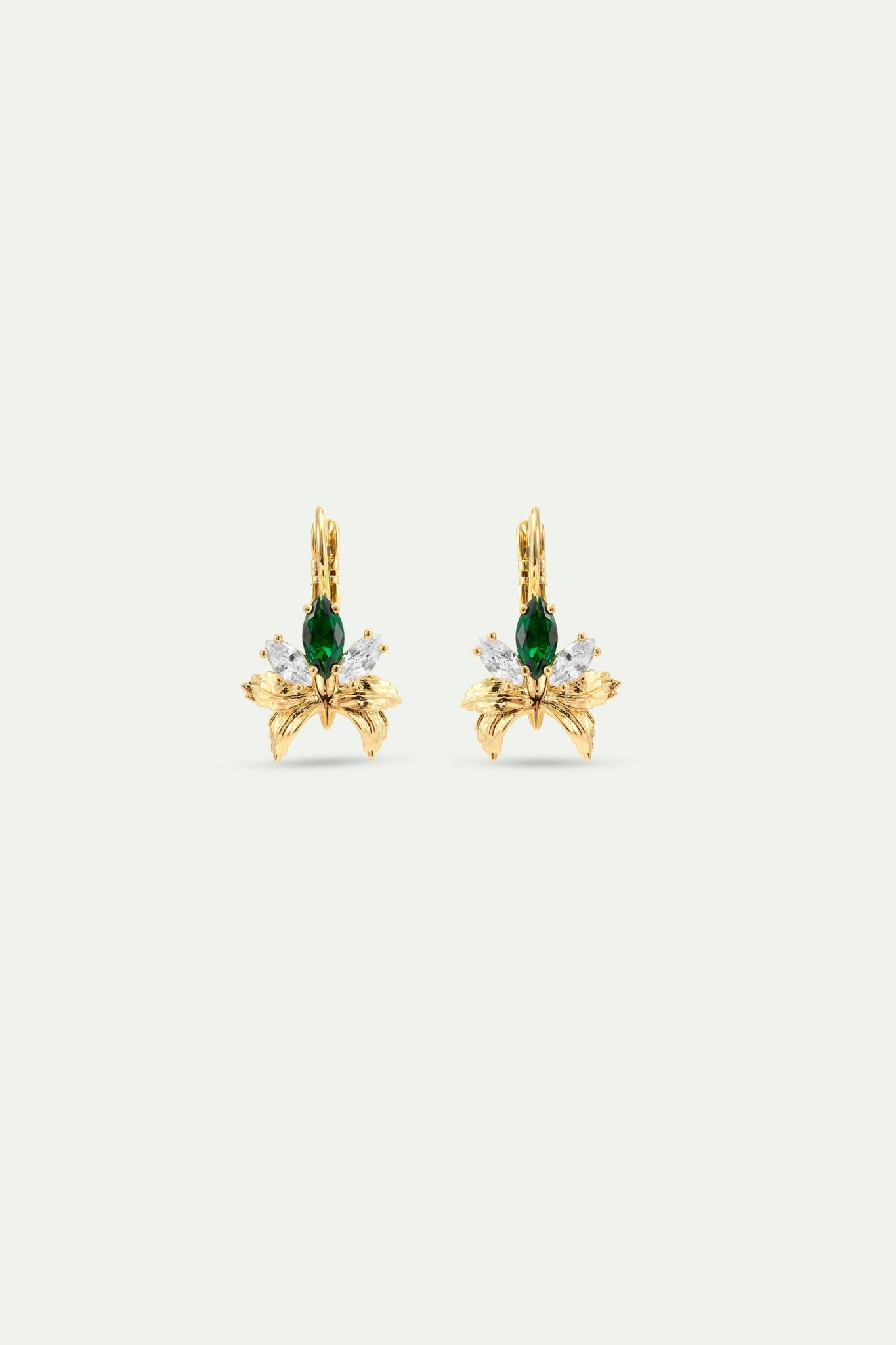 Gold Earrings With Orchids, White and Green Stones | AYNF1051 - Les Nereides