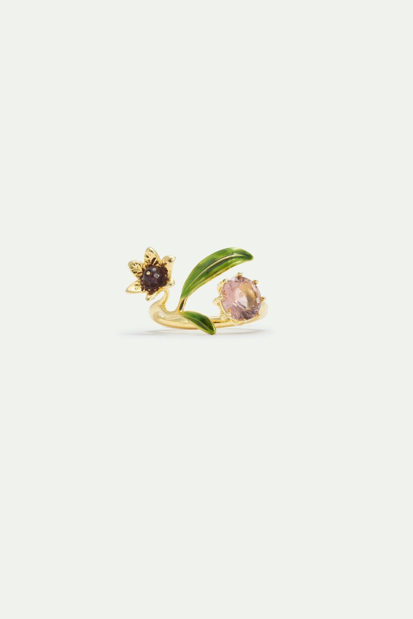 Gold Flower Adjustable Ring With Pearl And Round Pink Stone | AXAM6031 - Les Nereides