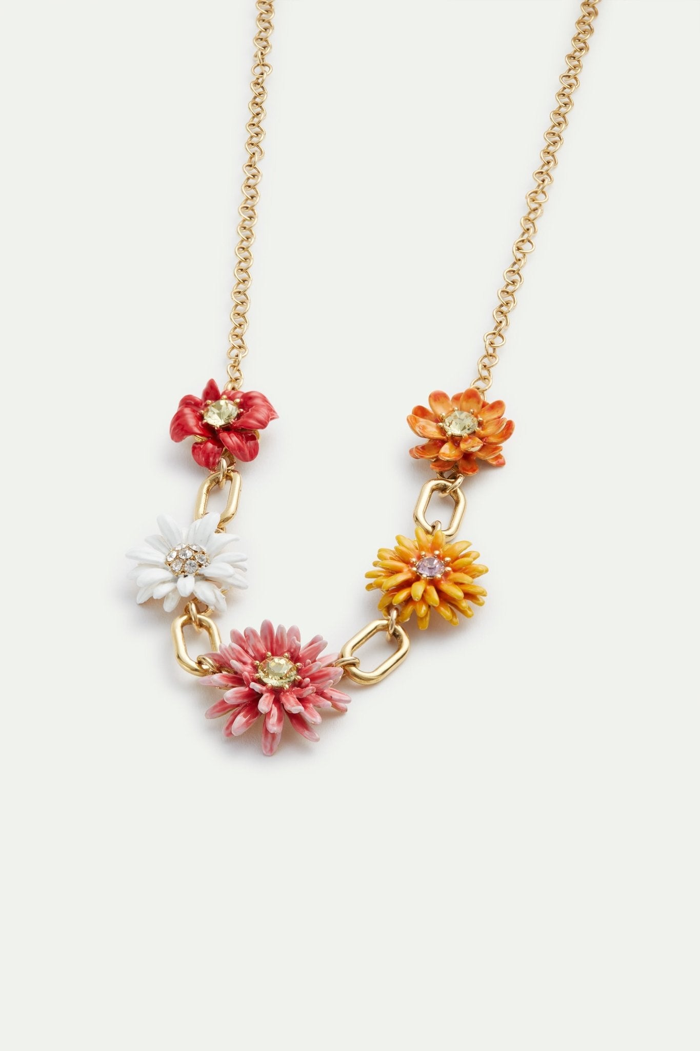 Gold link necklace with daisy and zinnia flowers | AVFR3011 - Les Nereides