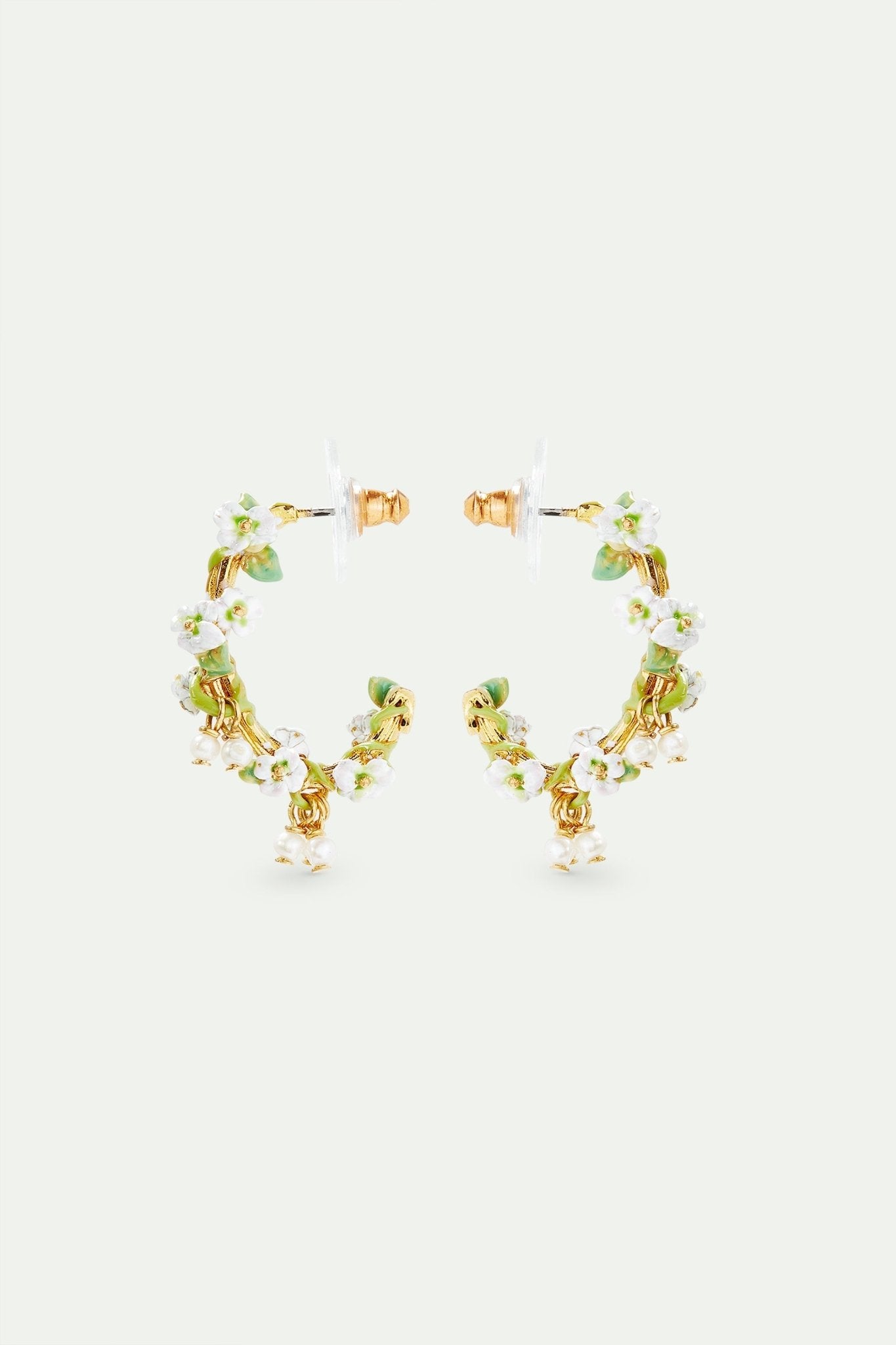 Gold - plated hoop earrings, white roses and mother of pearl beads | AVJH1041 - Les Nereides