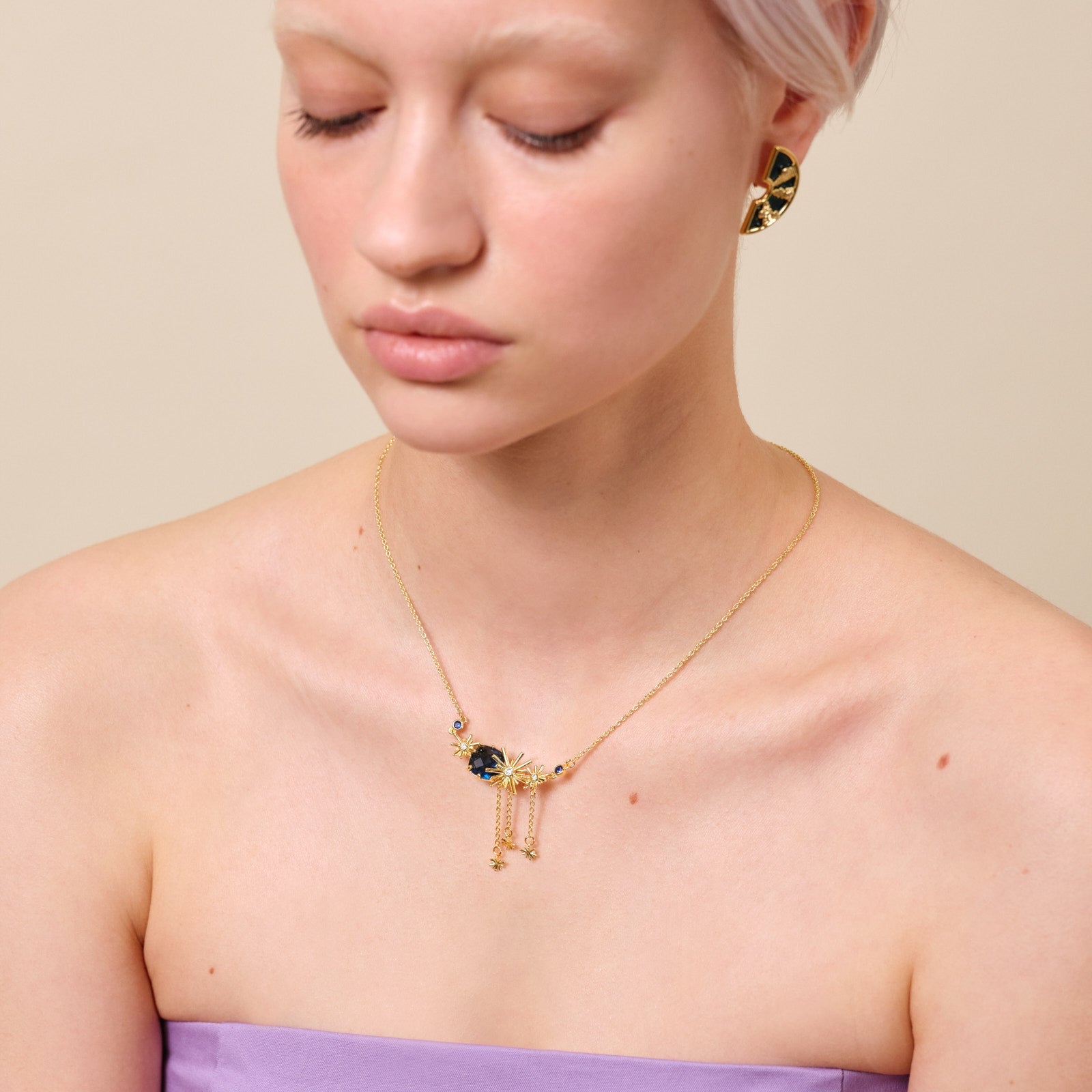 Gold Stars And Blue Stone Statement Necklace | ATET3011 - Les Nereides