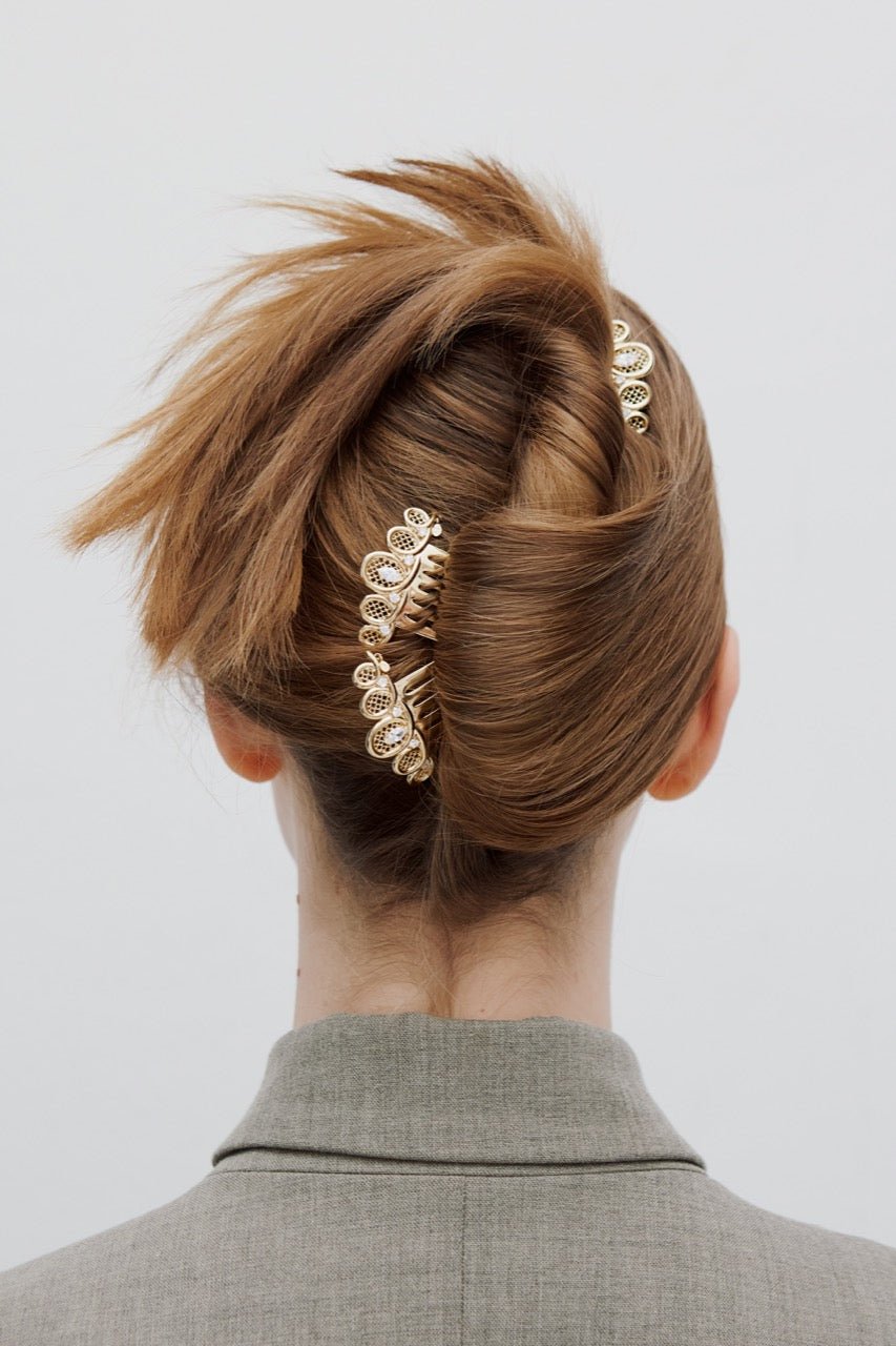 Golden Filigree Tiara Hair Comb With Crystals | AWOP4011 - Les Nereides