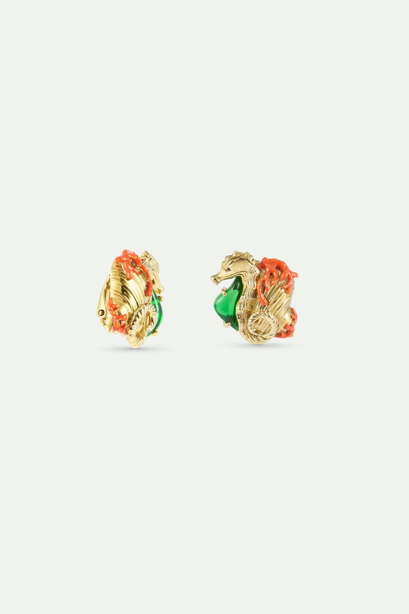 Golden Seahorse And Green Stone Earrings | AXMO1021 - Les Nereides