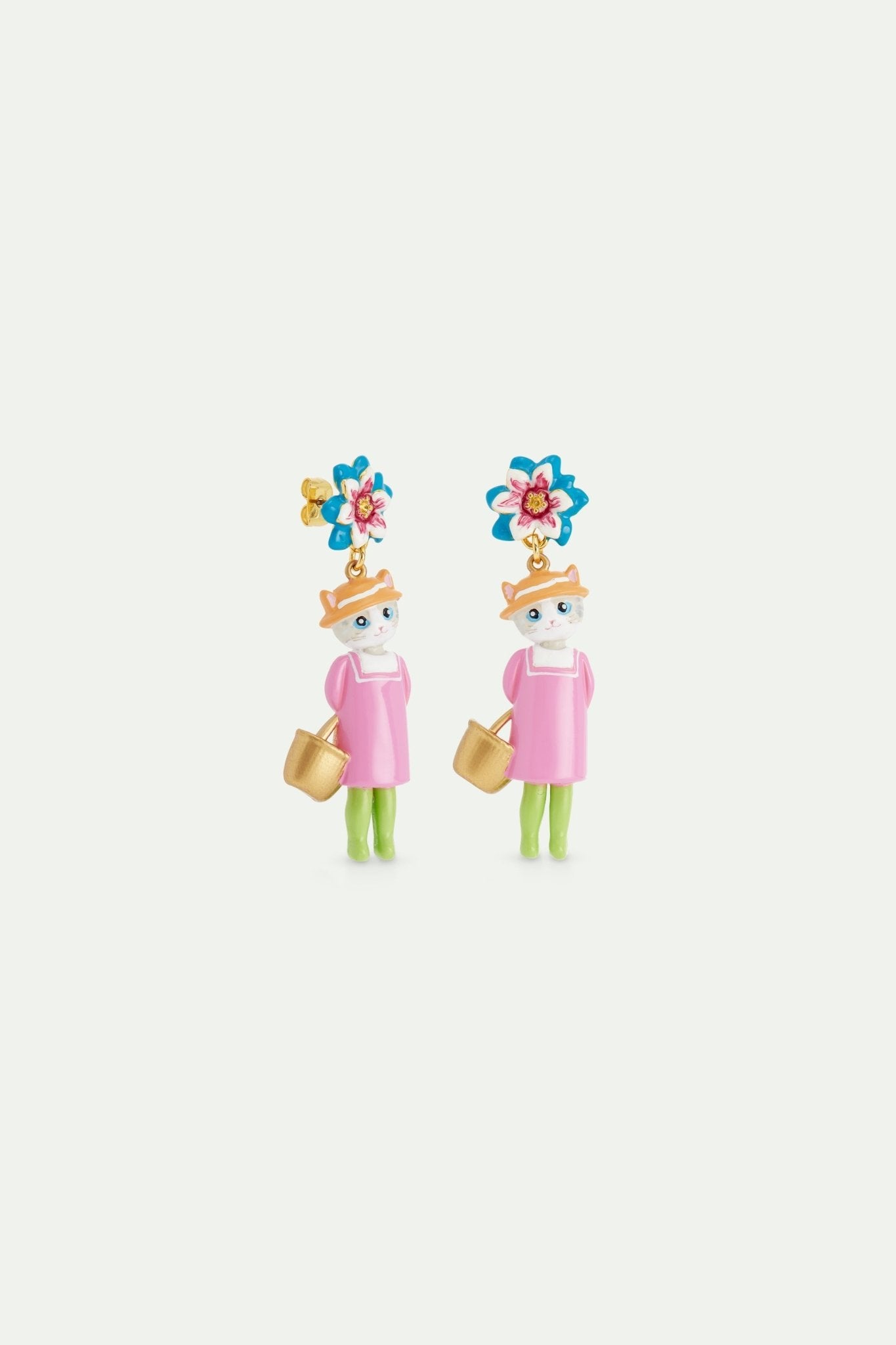 Grey cat and blue flower dangle earrings | AVHP1021 - Les Nereides