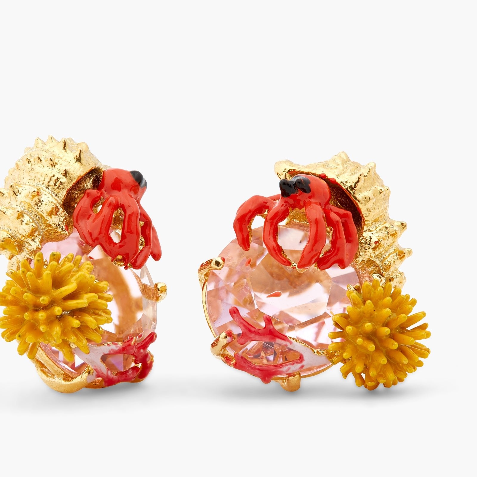 Hermit Crab And Light Pink Cut Crystal Stone Sleeper Earrings | ATPR1051 - Les Nereides