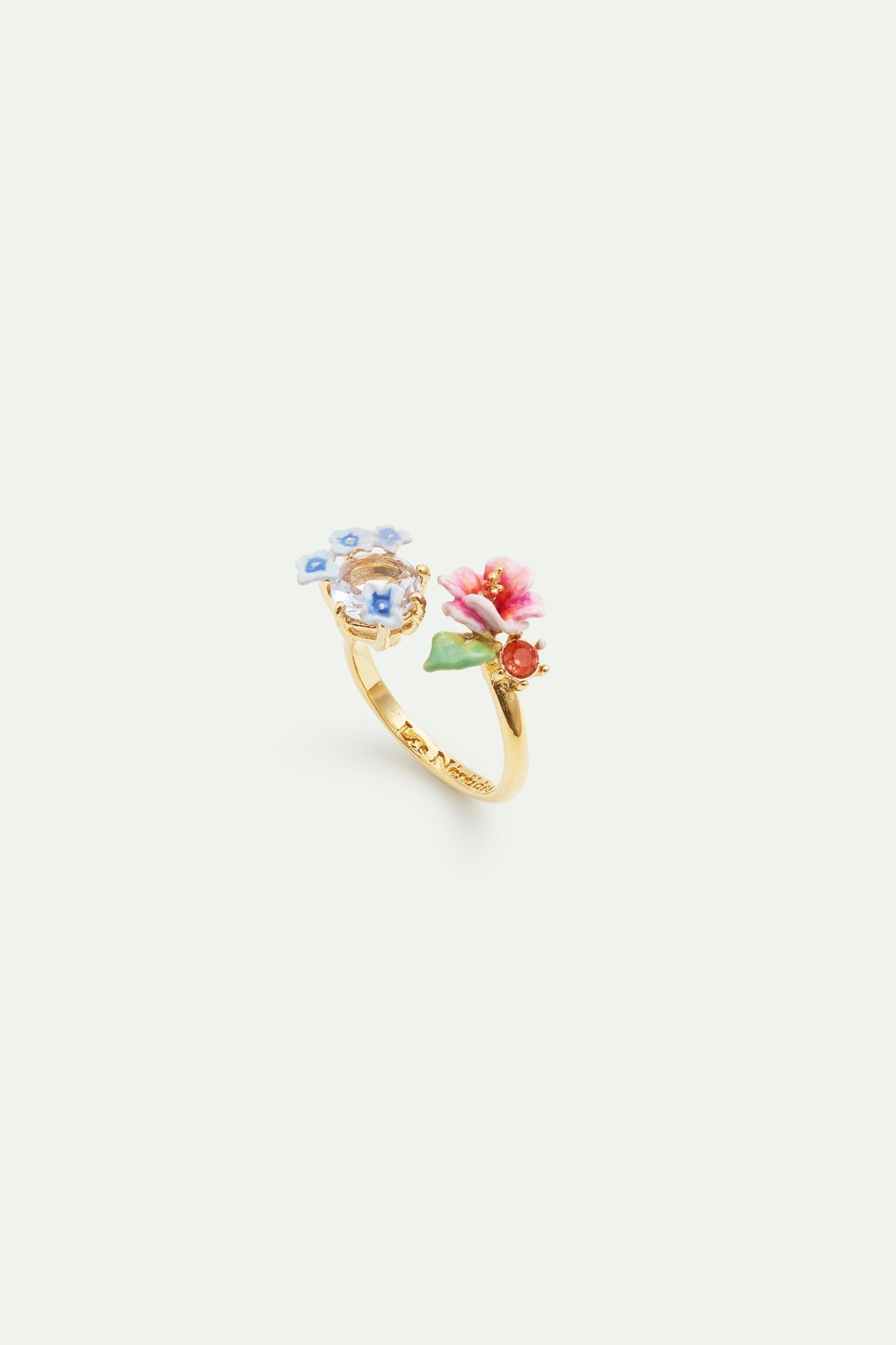 Hydrangea flower and round faceted crystal stone adjustable ring | AVJH6021 - Les Nereides