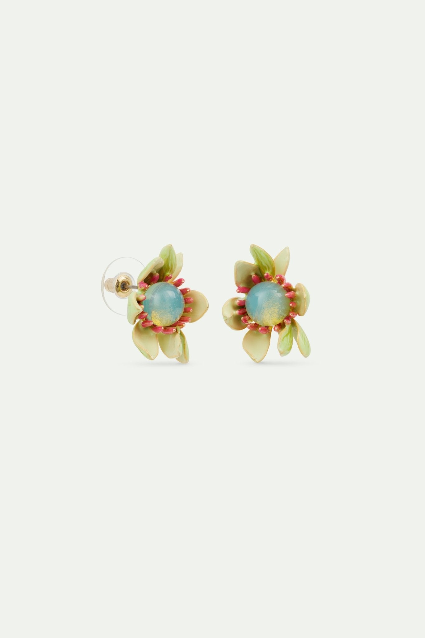 Large magnolia flower and blue cabochon earrings | AVFA1061 - Les Nereides