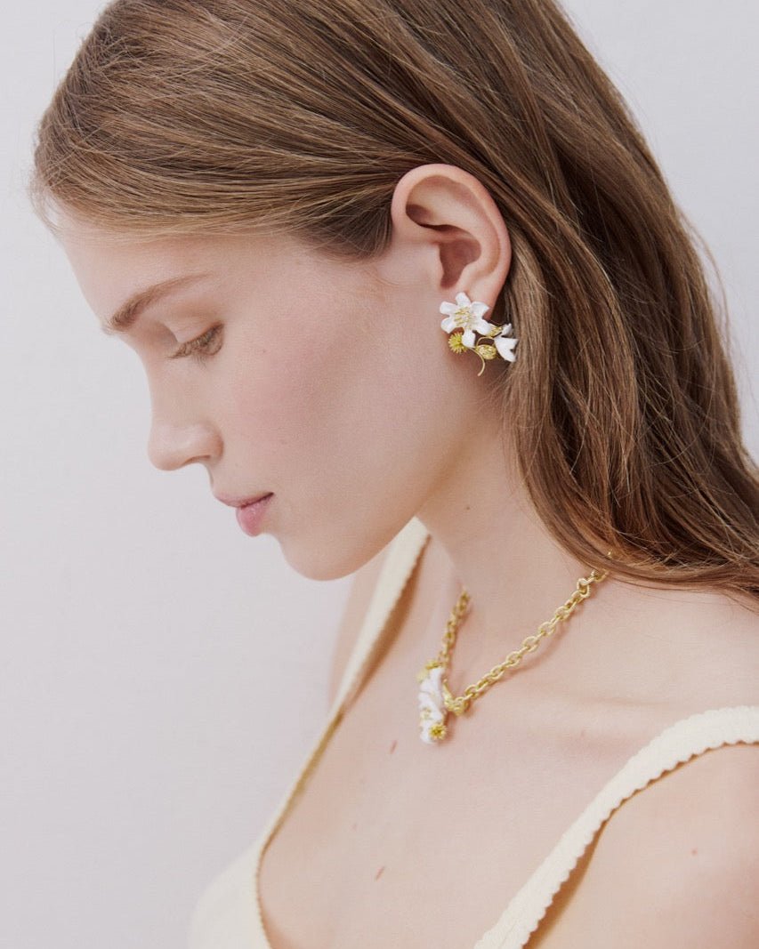 Large White Clematis, Laurel And Japanese Kerria Earrings | AWNF1021 - Les Nereides