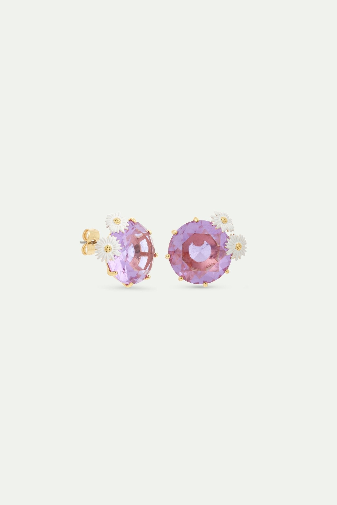 Lavender Diamantine round stone sleeper earrings with daisies | AVLD1402 - Les Nereides