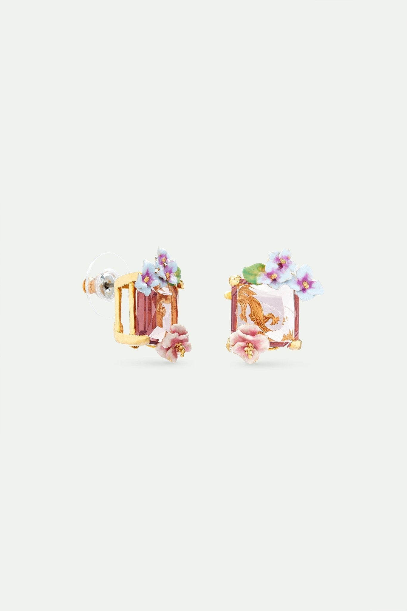Lizard earrings with pink cut stone and hydrangea flowers | AVJH1061 - Les Nereides