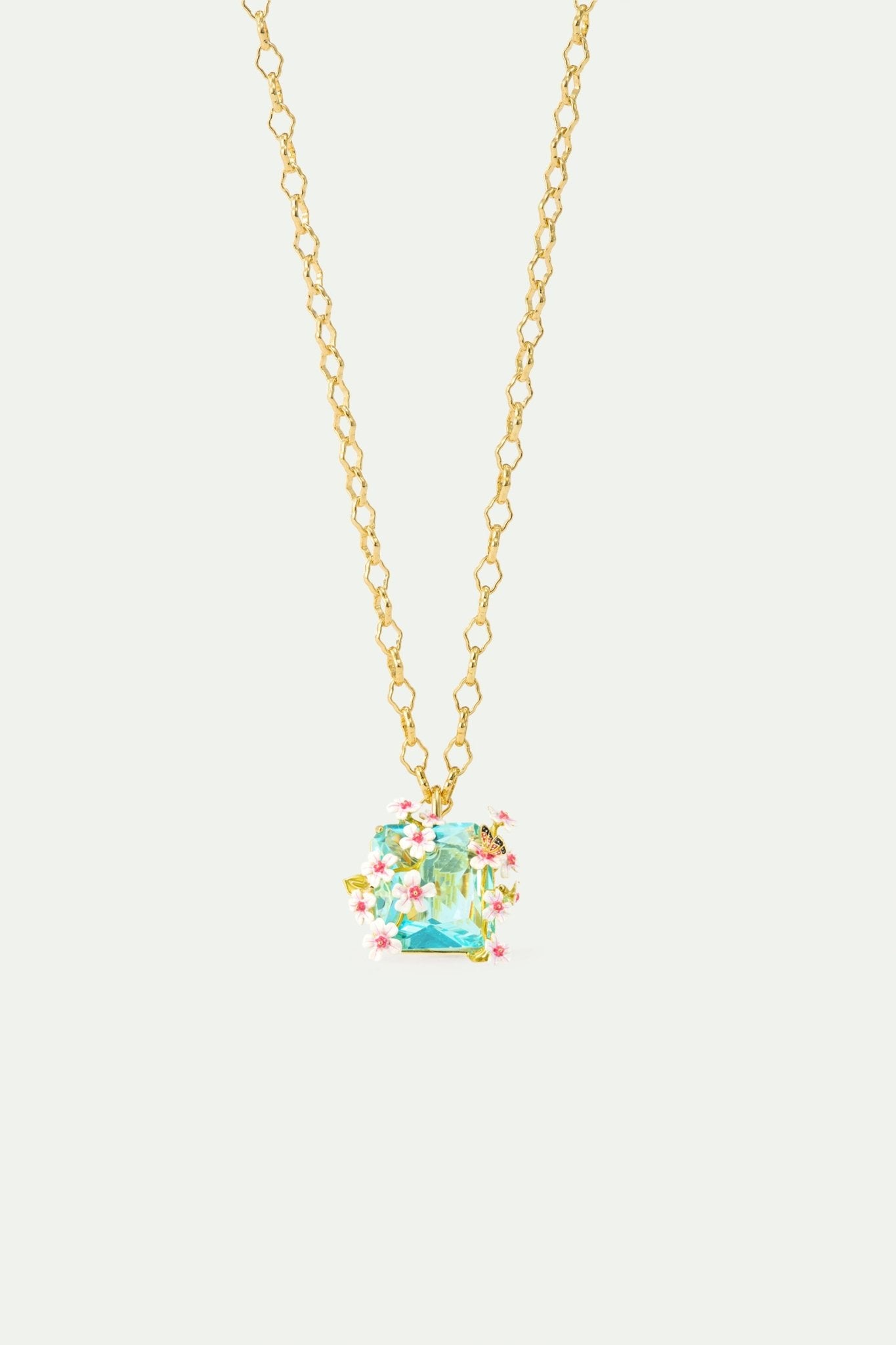 Necklace With A Faceted Blue Square Stone Pendant, White And Pink Hawthorns, And A Butterfly | AYDF3031 - Les Nereides