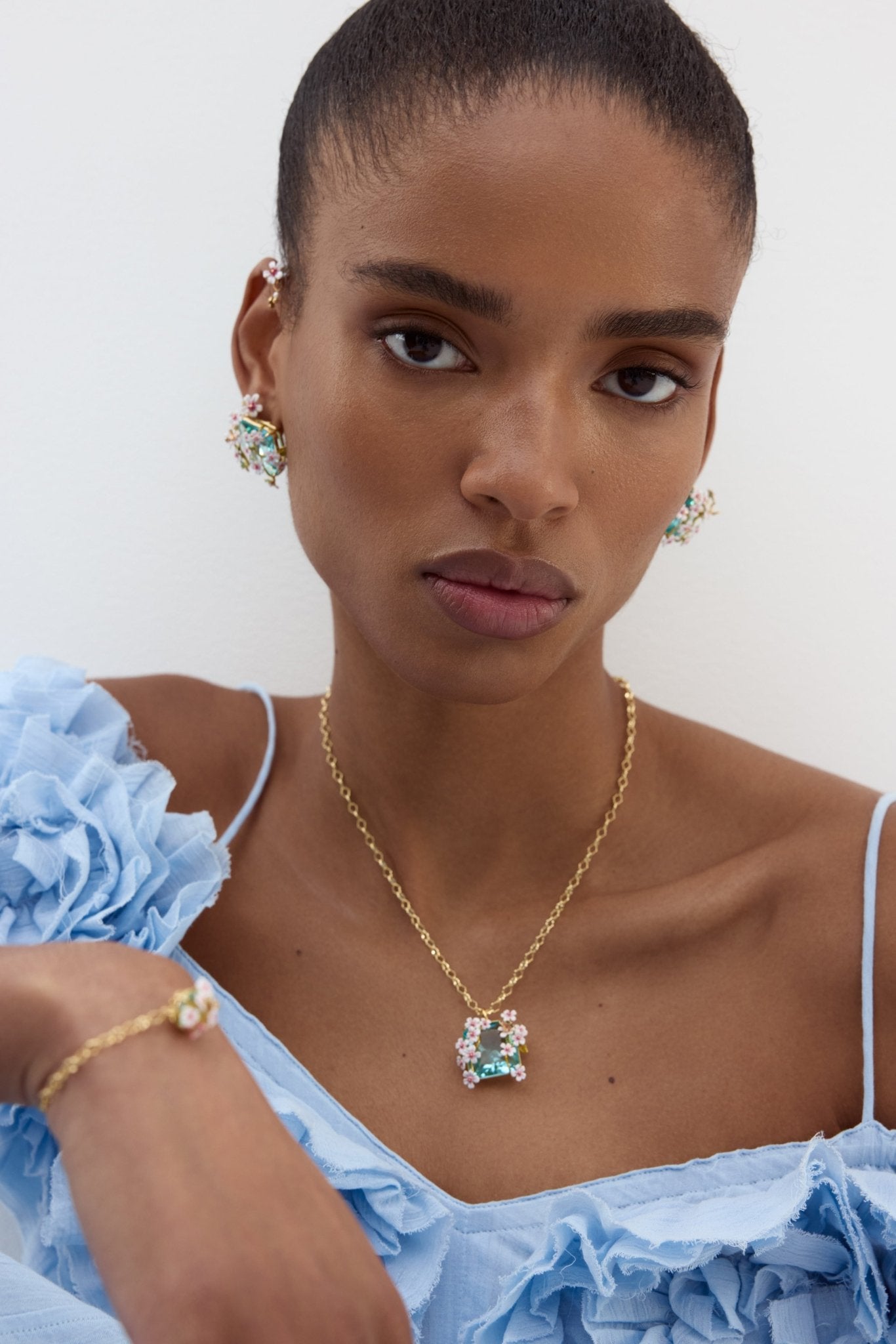 Necklace With A Faceted Blue Square Stone Pendant, White And Pink Hawthorns, And A Butterfly | AYDF3031 - Les Nereides