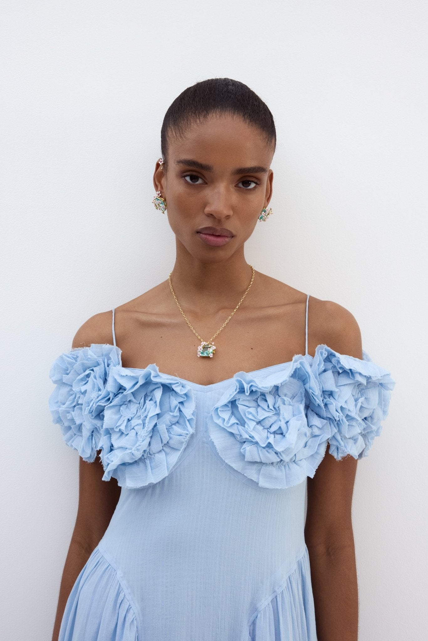 Necklace With A Faceted Blue Square Stone Pendant, White And Pink Hawthorns, And A Butterfly | AYDF3031 - Les Nereides