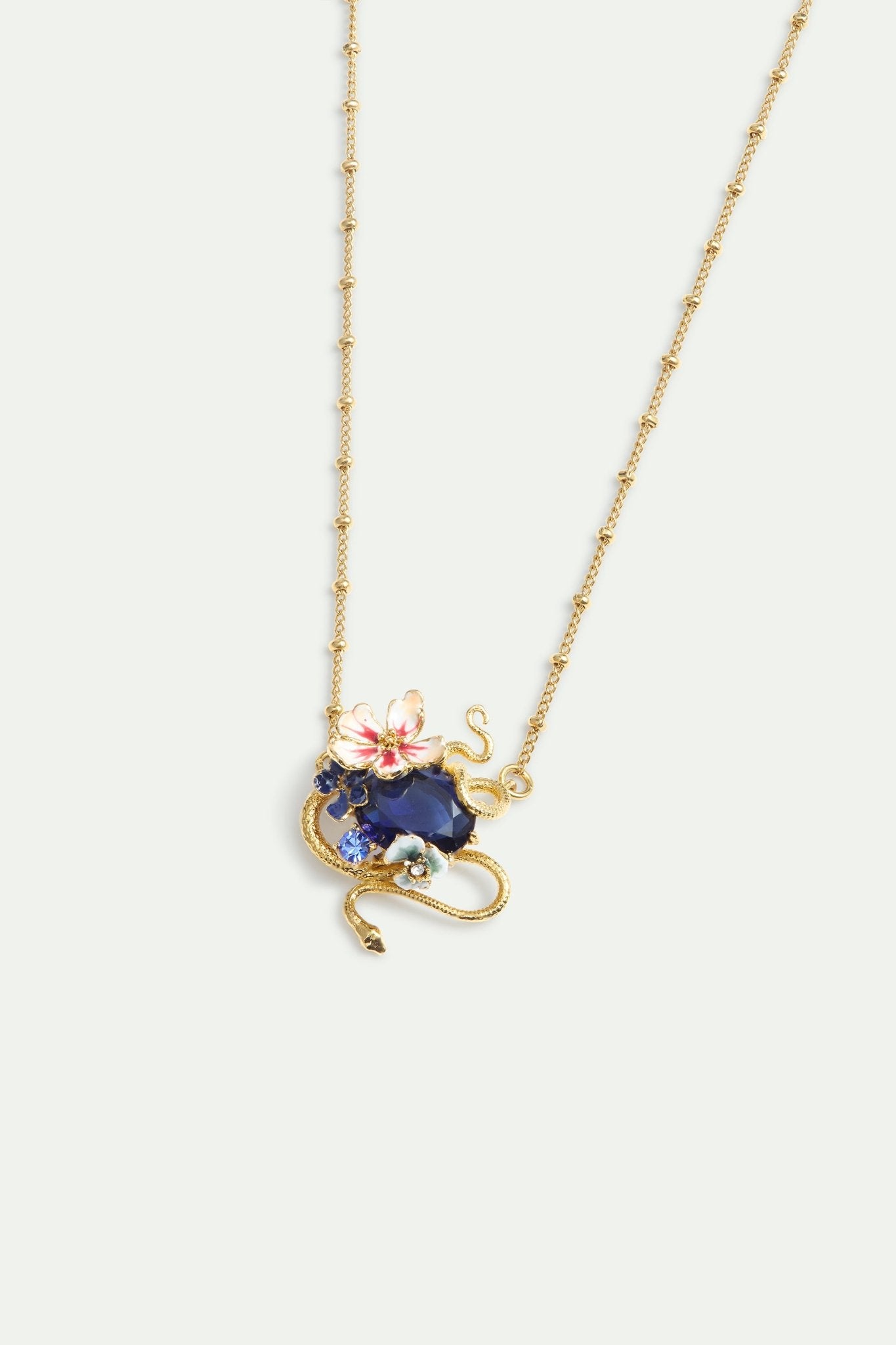 Necklace With Blue Faceted Stone, Gold Snake and Mallow Flowers | AYVA3011 - Les Nereides
