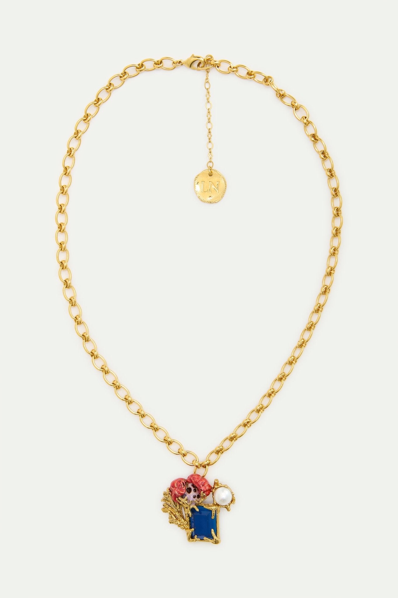 Necklace With Square Blue Stone, Coral And Pearl | AXMO3031 - Les Nereides