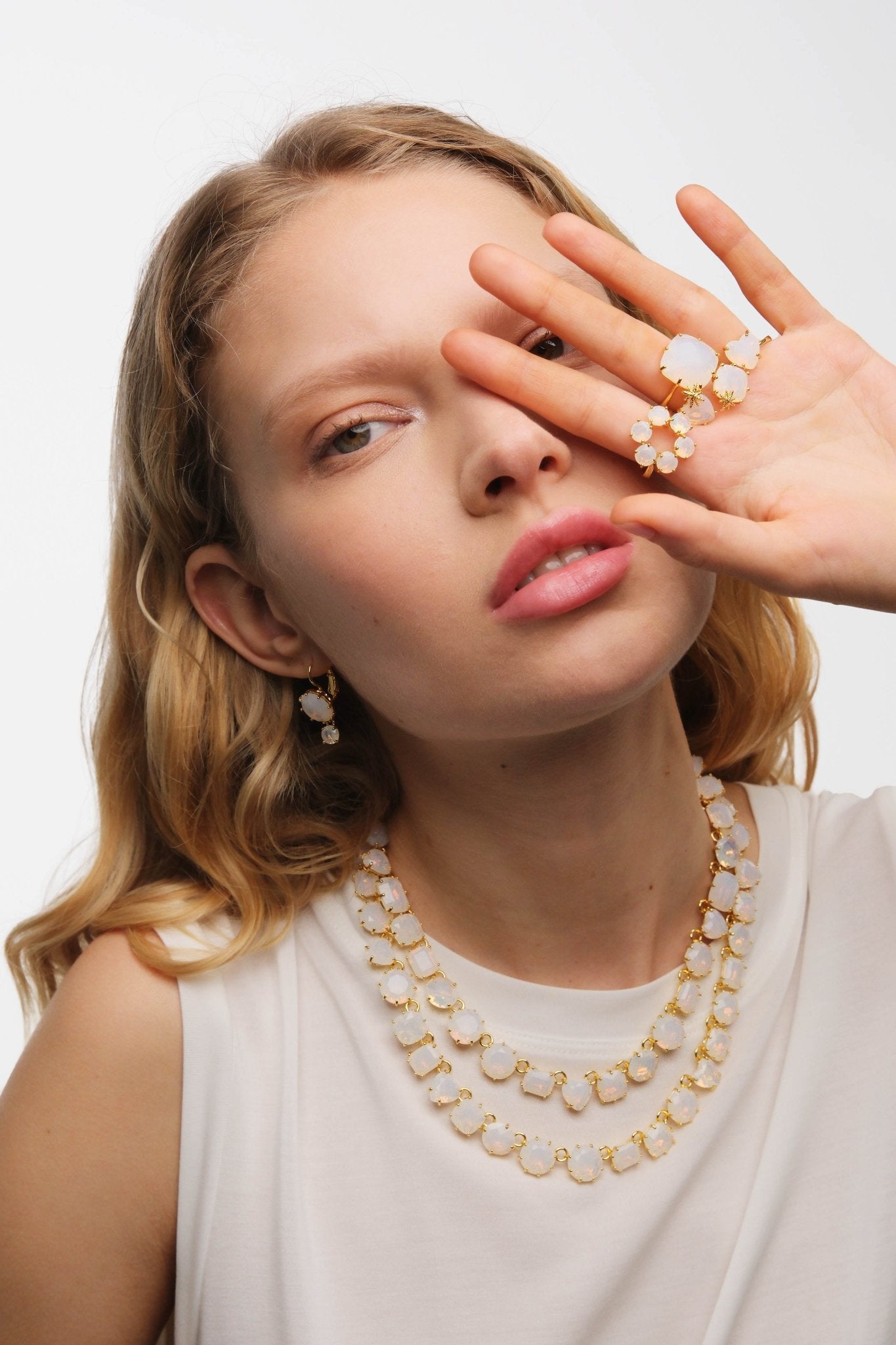 Opalescent White Diamantine Fine Ring With Six Round Stones | AULD6191 - Les Nereides