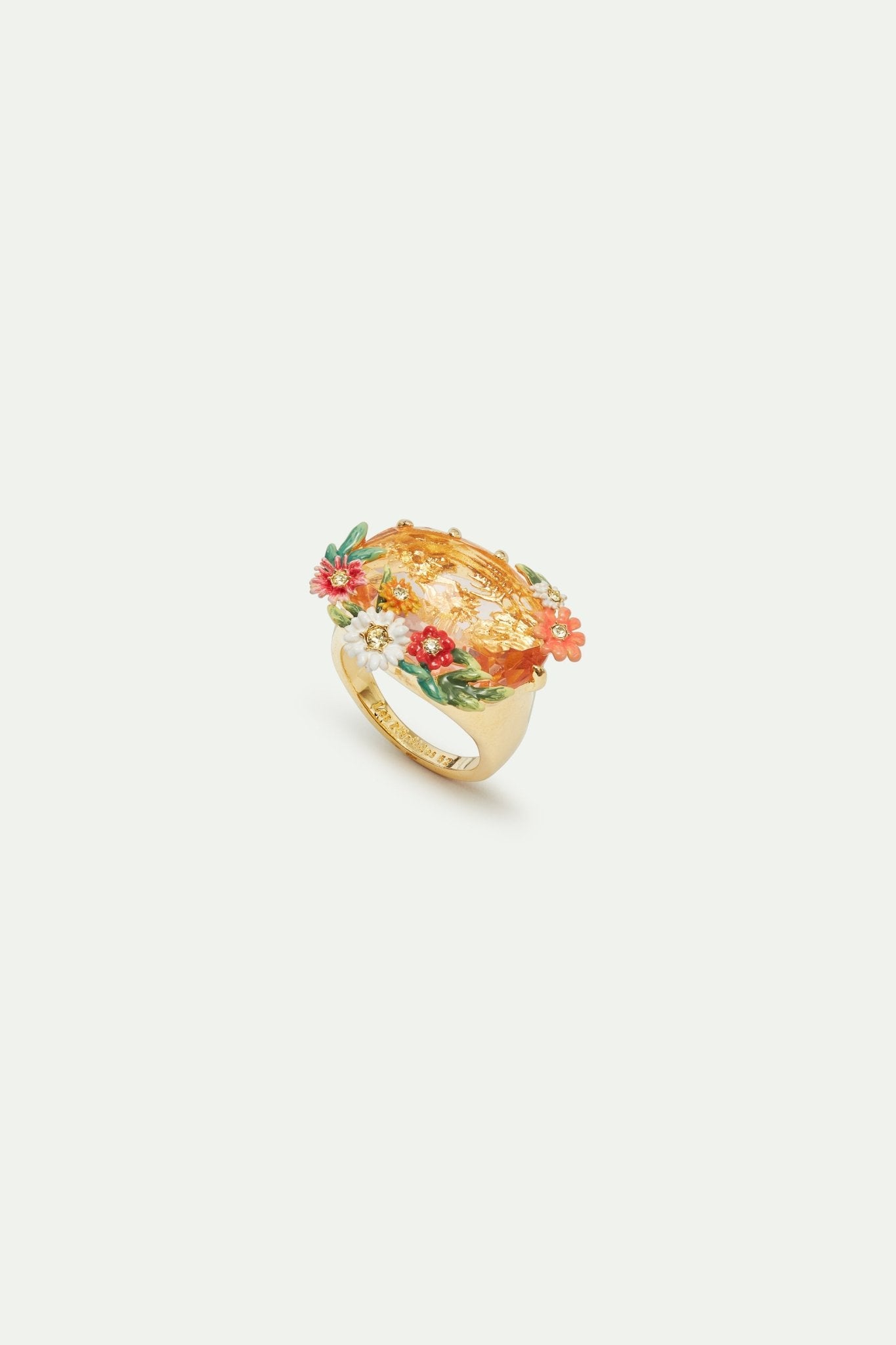 Oval pink faceted stone cocktail ring with zinnias and daisies | AVJC6041 - Les Nereides
