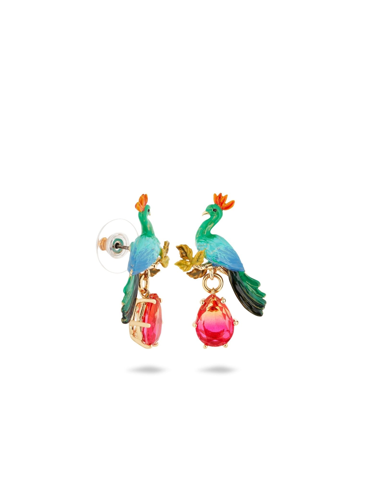 Peacock And Faceted Crystal Pear Post Earrings | AUVI1041 - Les Nereides
