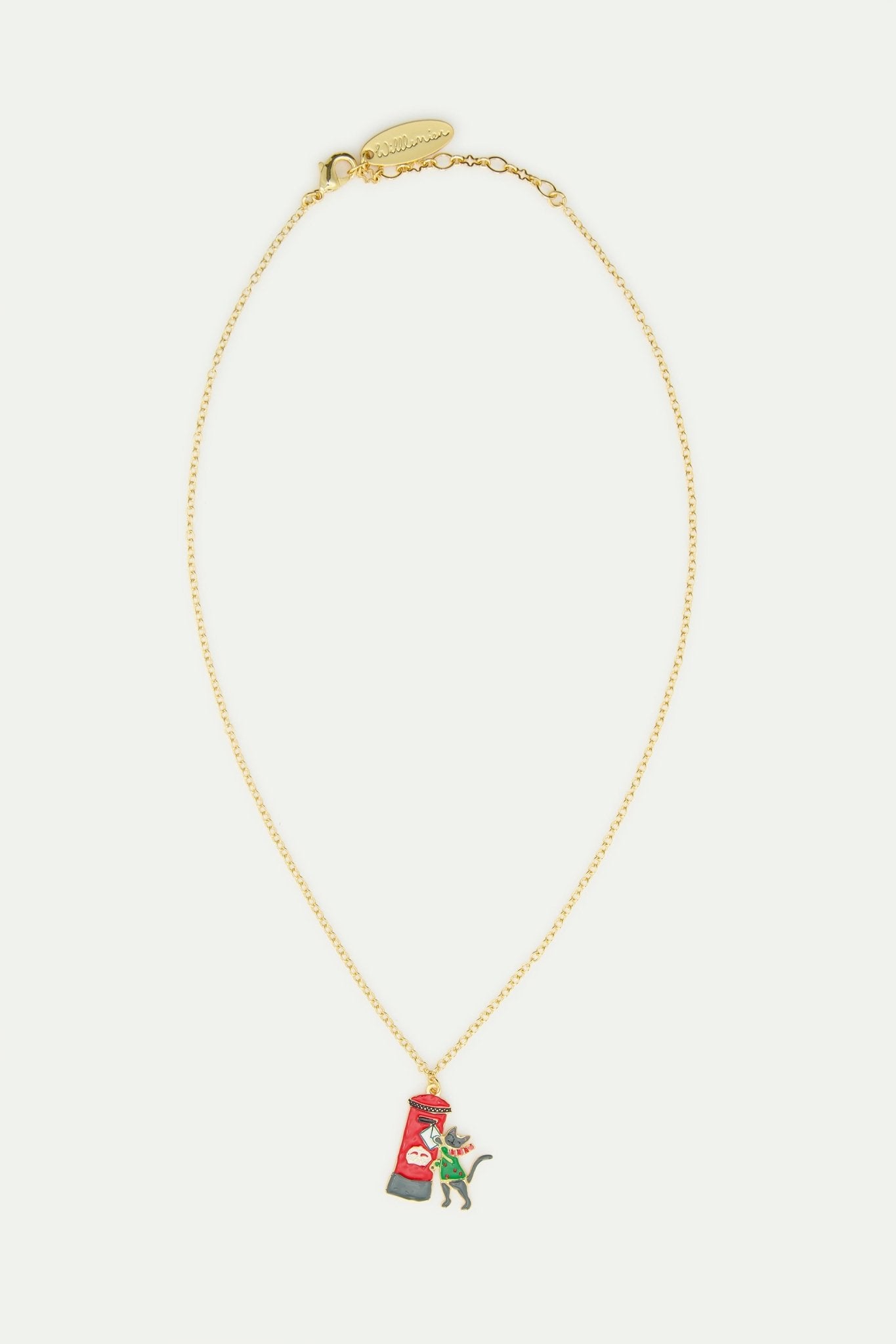 Pendant Necklace With London Red Postbox, Card, Grey Cat And Green Jumper | AWWI3041 - Les Nereides