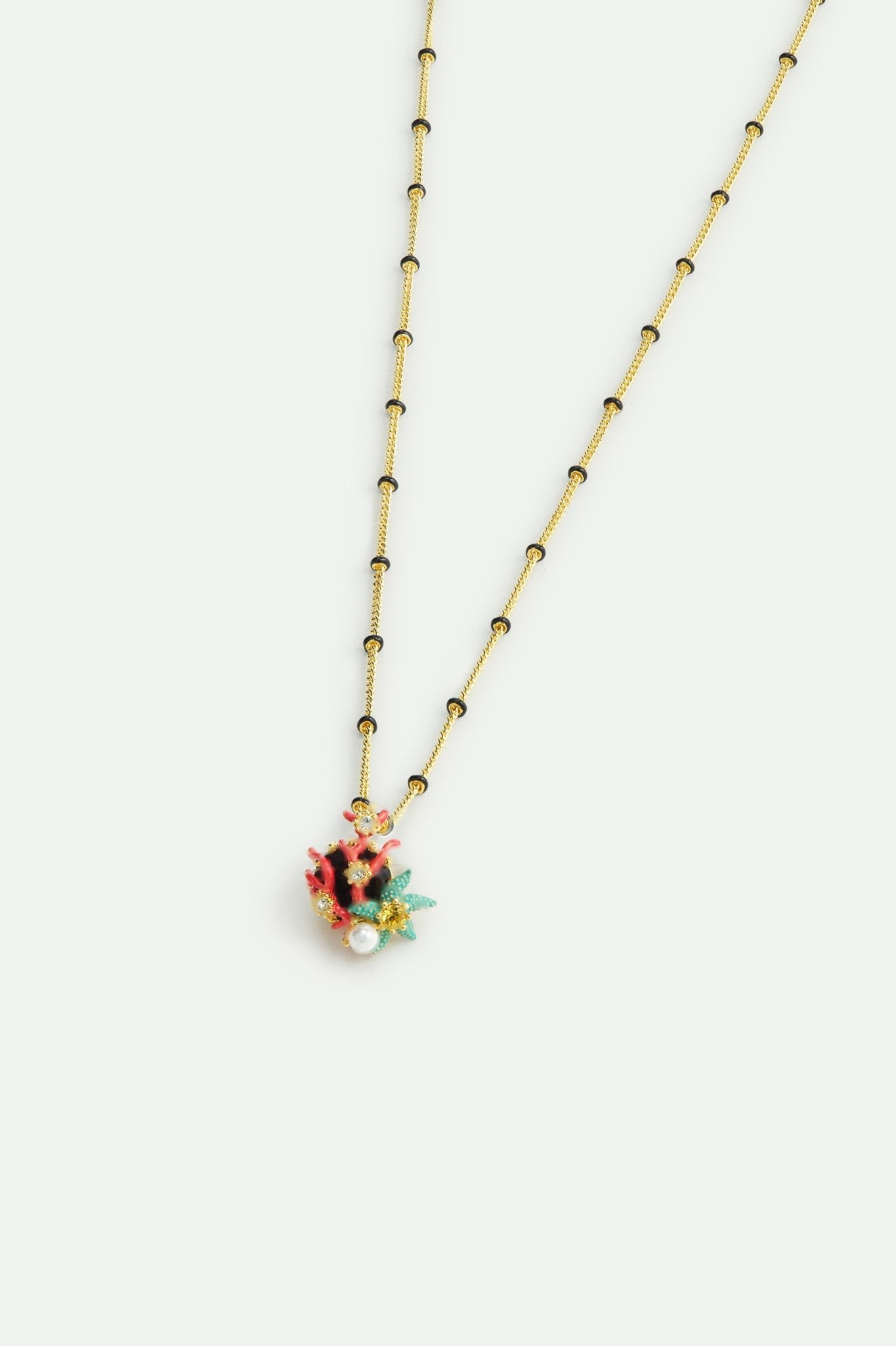 Pendant Necklace With Round Black Faceted Glass Stone, Blue Starfish And Cultured Pearl | AWCC3031 - Les Nereides