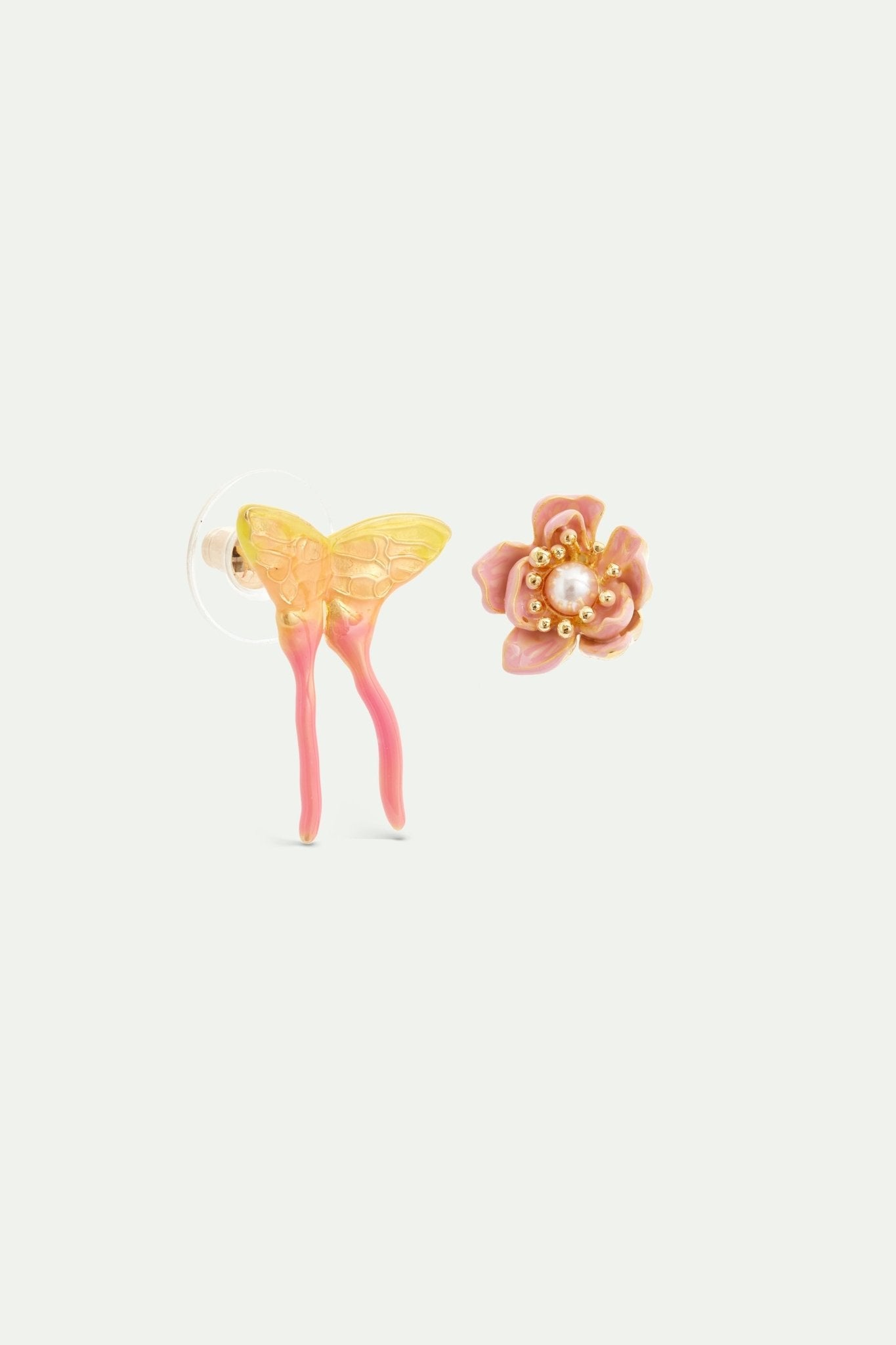 Pink magnolia flower and pink and yellow butterfly asymmetrical earrings | AVFA1041 - Les Nereides