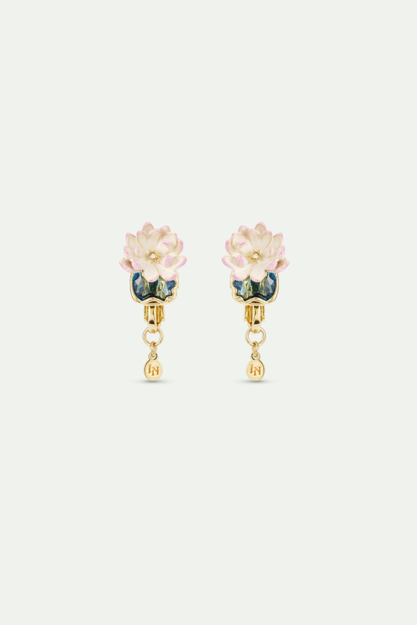 Pink Water Lily And Round Blue Stone Clip - On Earrings | AXON1031 - Les Nereides