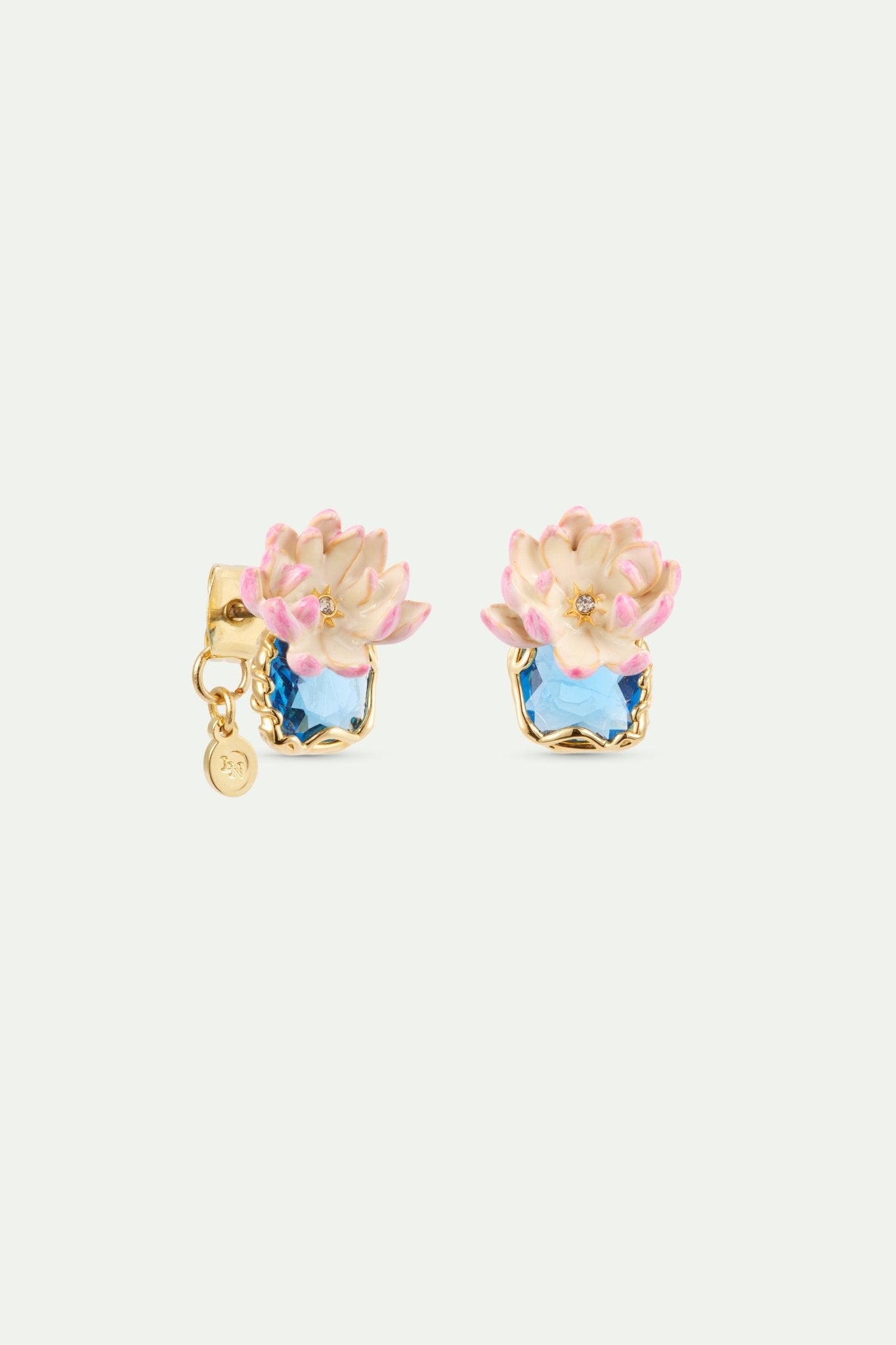 Pink Water Lily And Round Blue Stone Clip - On Earrings | AXON1031 - Les Nereides