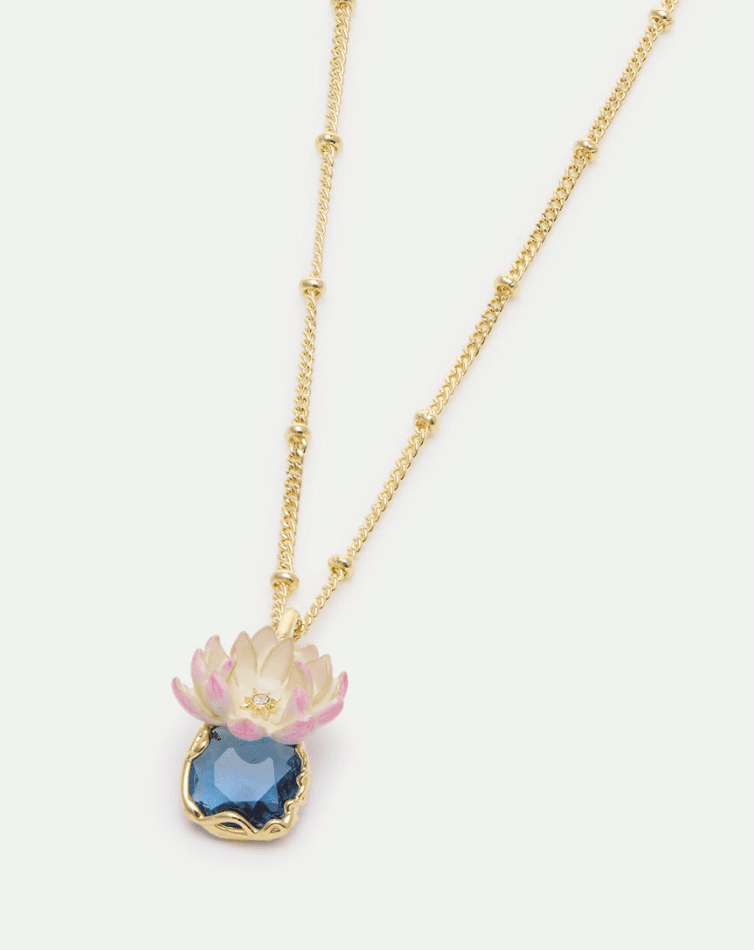 Pink Water Lily And Round Blue Stone Pendant Necklace | AXON3041 - Les Nereides