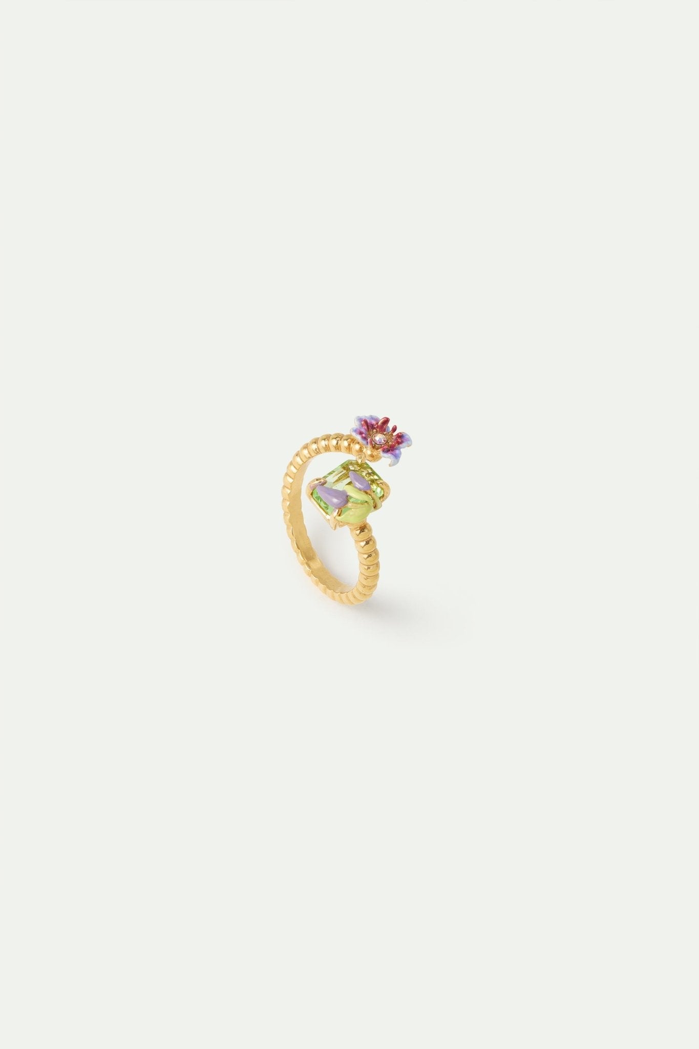 Purple Clematis And Green Emerald - Cut Crystal Adjustable Ring | AWMM6031 - Les Nereides