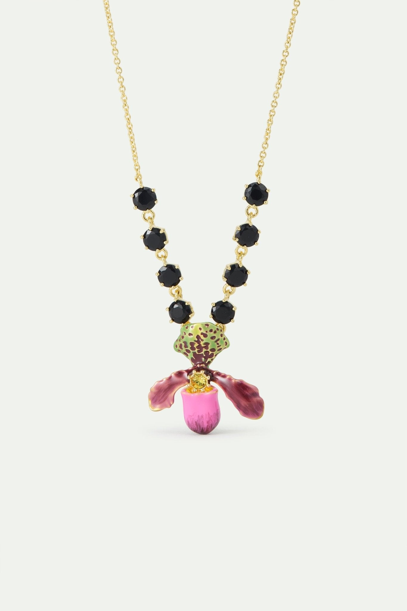 Purple Lady'S Slipper Orchid Necklace With Black Faceted Glass Stones | AWCC3011 - Les Nereides