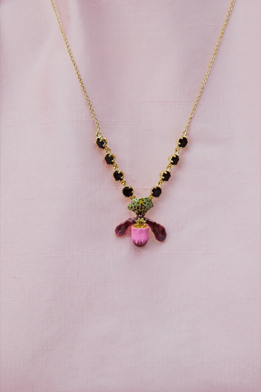 Purple Lady'S Slipper Orchid Necklace With Black Faceted Glass Stones | AWCC3011 - Les Nereides