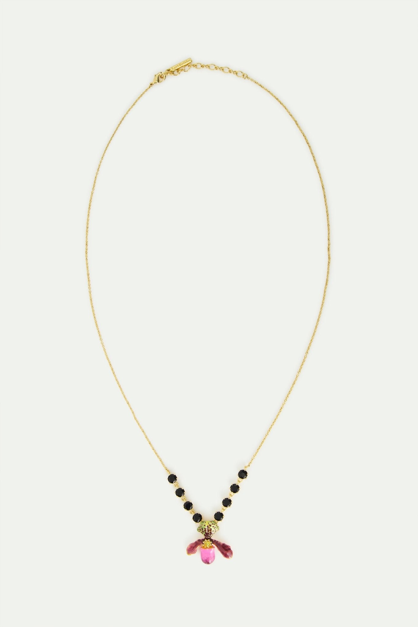 Purple Lady'S Slipper Orchid Necklace With Black Faceted Glass Stones | AWCC3011 - Les Nereides
