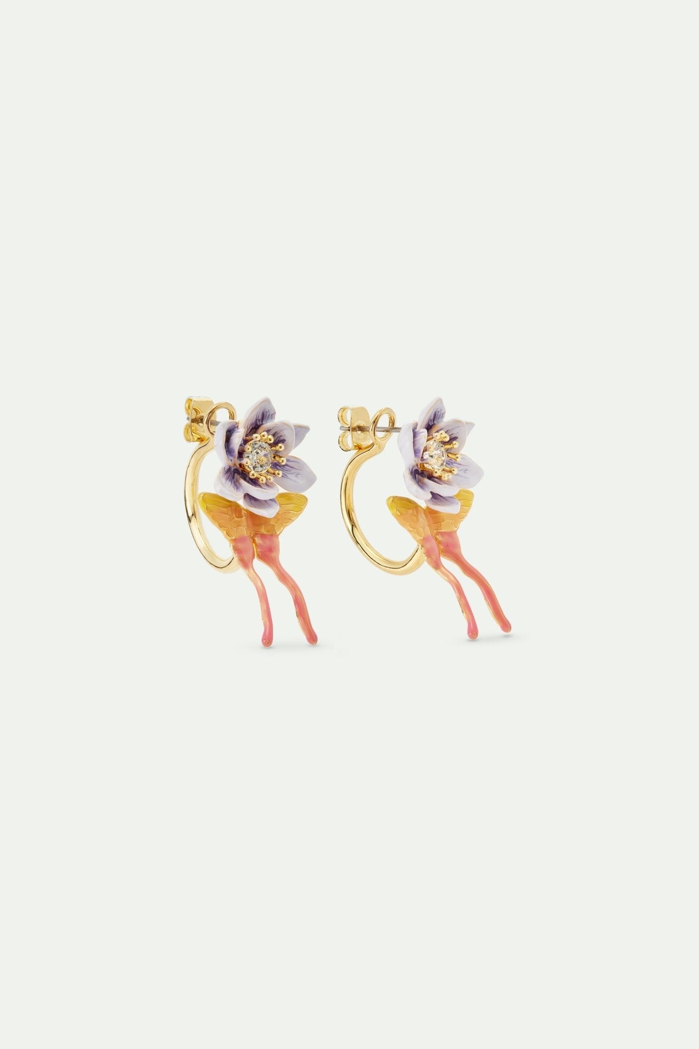 Purple magnolia flower and pink and yellow butterfly post earrings | AVFA1021 - Les Nereides