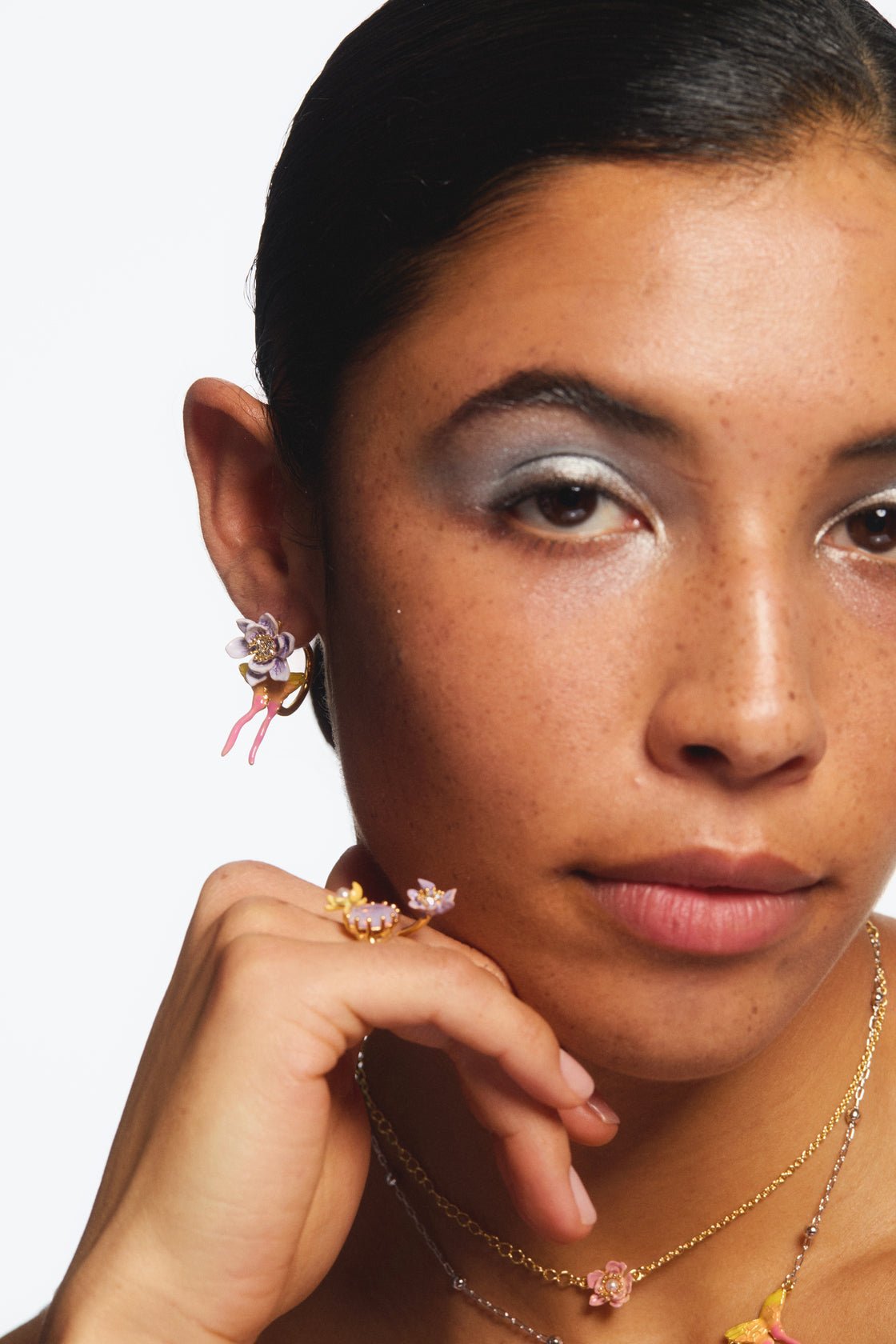 Purple magnolia flower and pink and yellow butterfly post earrings | AVFA1021 - Les Nereides