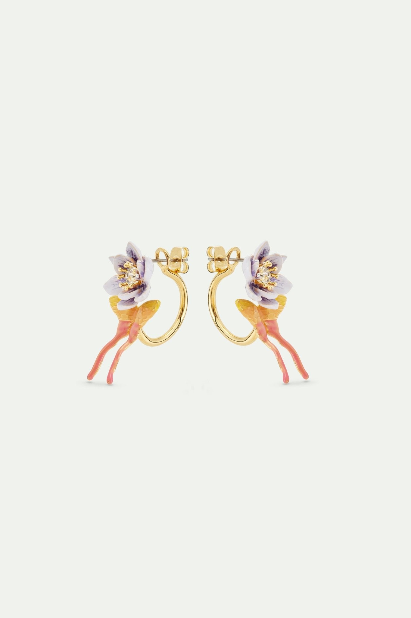 Purple magnolia flower and pink and yellow butterfly post earrings | AVFA1021 - Les Nereides